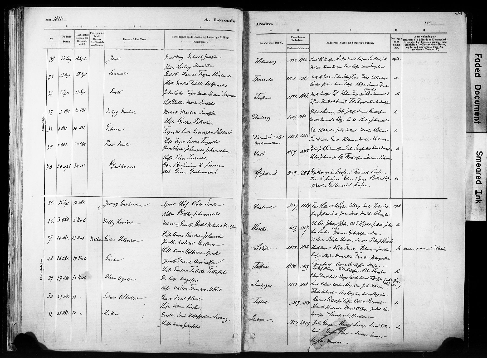 Hetland sokneprestkontor, AV/SAST-A-101826/30/30BA/L0011: Parish register (official) no. A 11, 1884-1911, p. 54