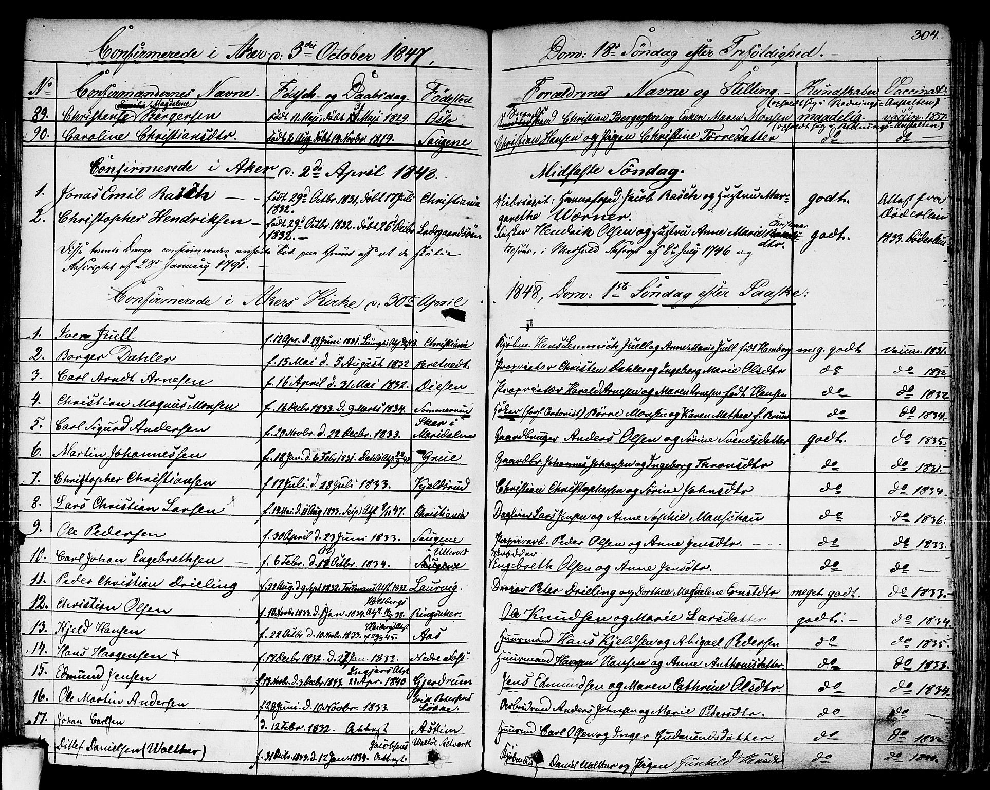 Aker prestekontor kirkebøker, SAO/A-10861/F/L0018: Parish register (official) no. 17, 1829-1852, p. 304