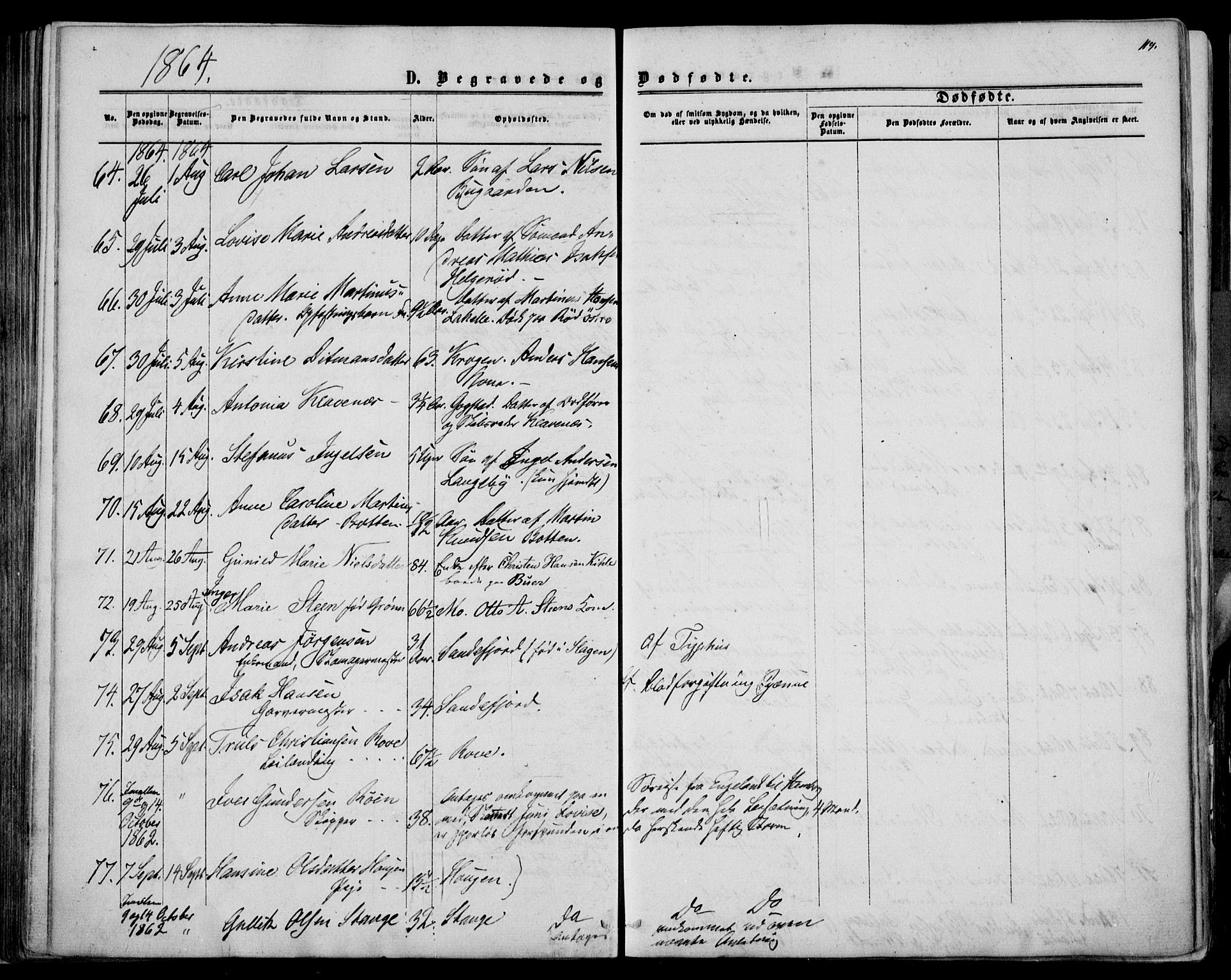 Sandar kirkebøker, AV/SAKO-A-243/F/Fa/L0009: Parish register (official) no. 9, 1862-1871, p. 119