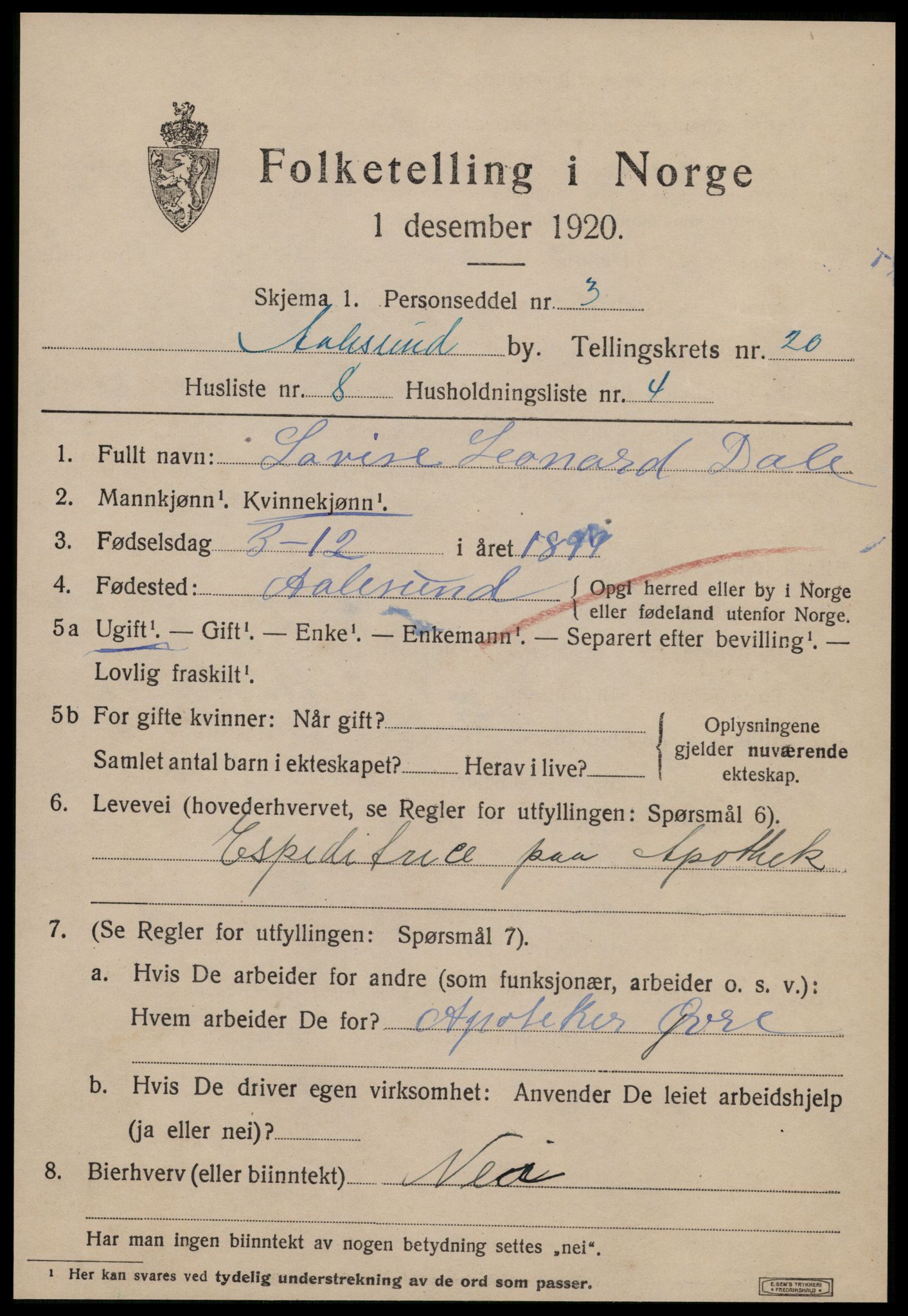 SAT, 1920 census for Ålesund, 1920, p. 37254