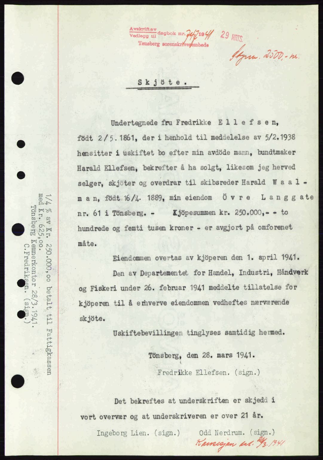 Tønsberg sorenskriveri, AV/SAKO-A-130/G/Ga/Gaa/L0010: Mortgage book no. A10, 1941-1941, Diary no: : 747/1941