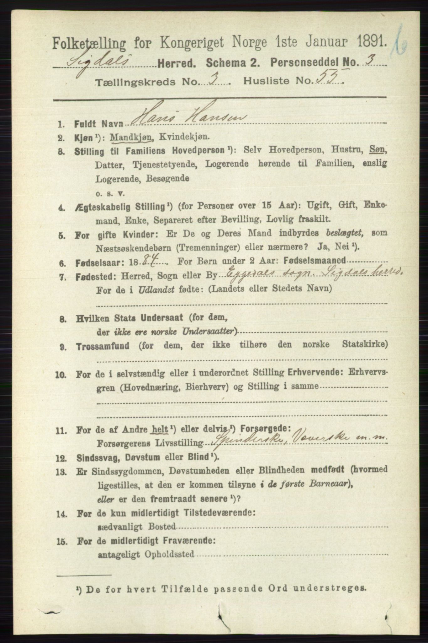 RA, 1891 census for 0621 Sigdal, 1891, p. 4612
