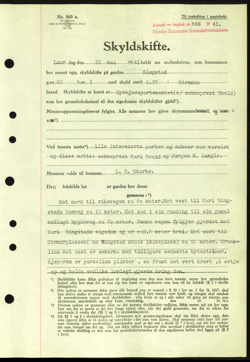 Nordre Sunnmøre sorenskriveri, SAT/A-0006/1/2/2C/2Ca: Mortgage book no. A11, 1941-1941, Diary no: : 866/1941