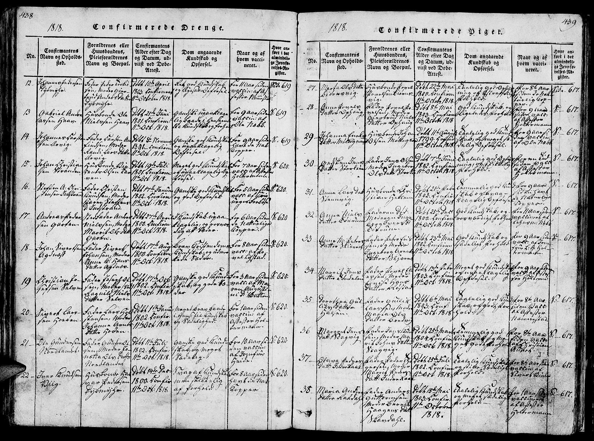 Ministerialprotokoller, klokkerbøker og fødselsregistre - Sør-Trøndelag, AV/SAT-A-1456/659/L0744: Parish register (copy) no. 659C01, 1818-1825, p. 438-439