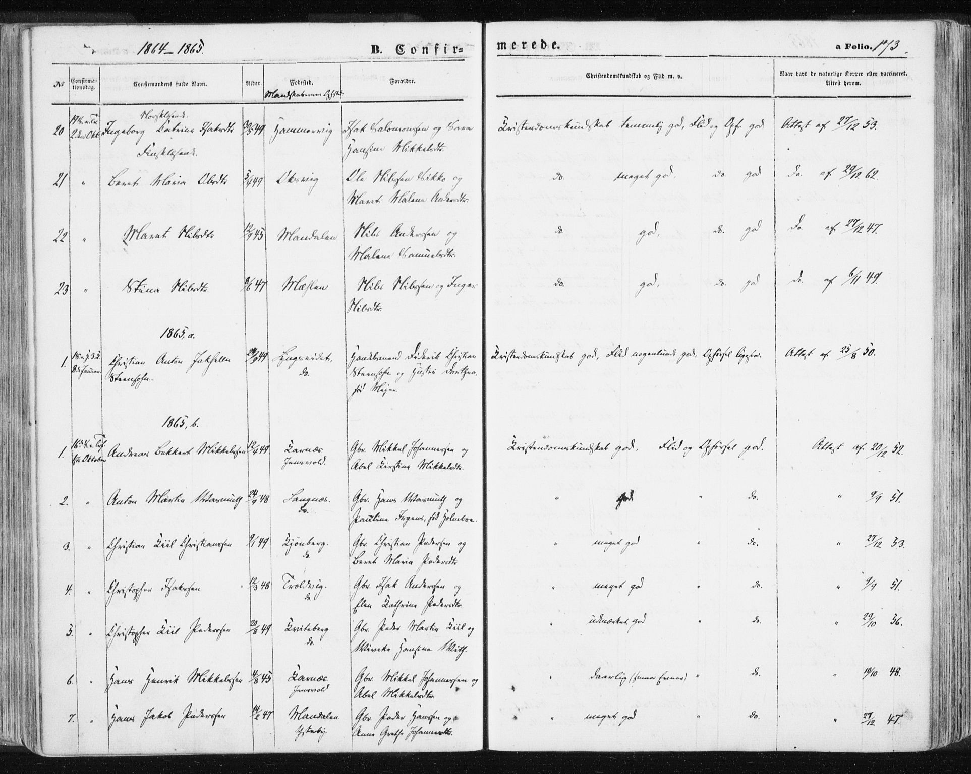 Lyngen sokneprestembete, AV/SATØ-S-1289/H/He/Hea/L0005kirke: Parish register (official) no. 5, 1859-1869, p. 173