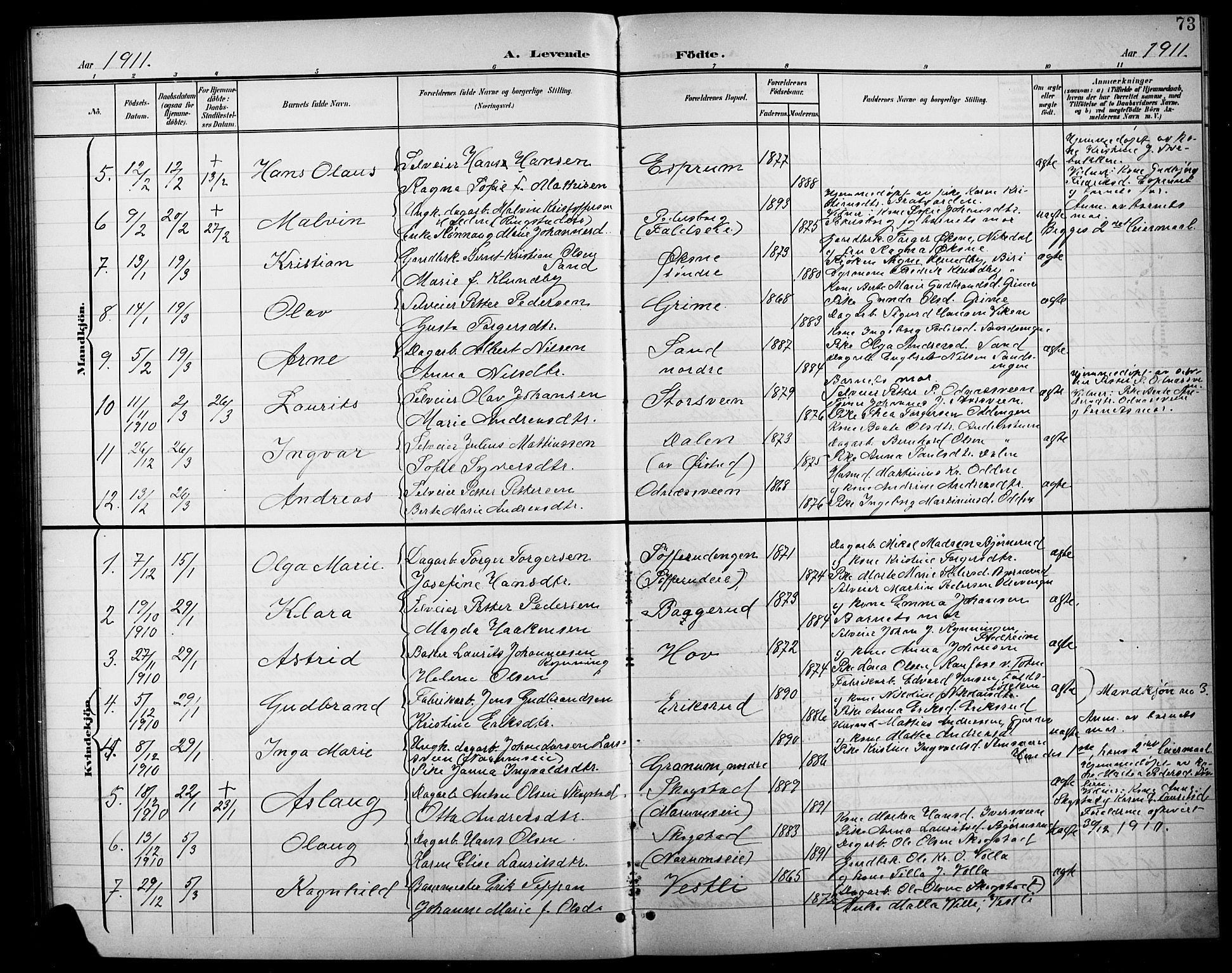 Søndre Land prestekontor, AV/SAH-PREST-122/L/L0004: Parish register (copy) no. 4, 1901-1915, p. 73