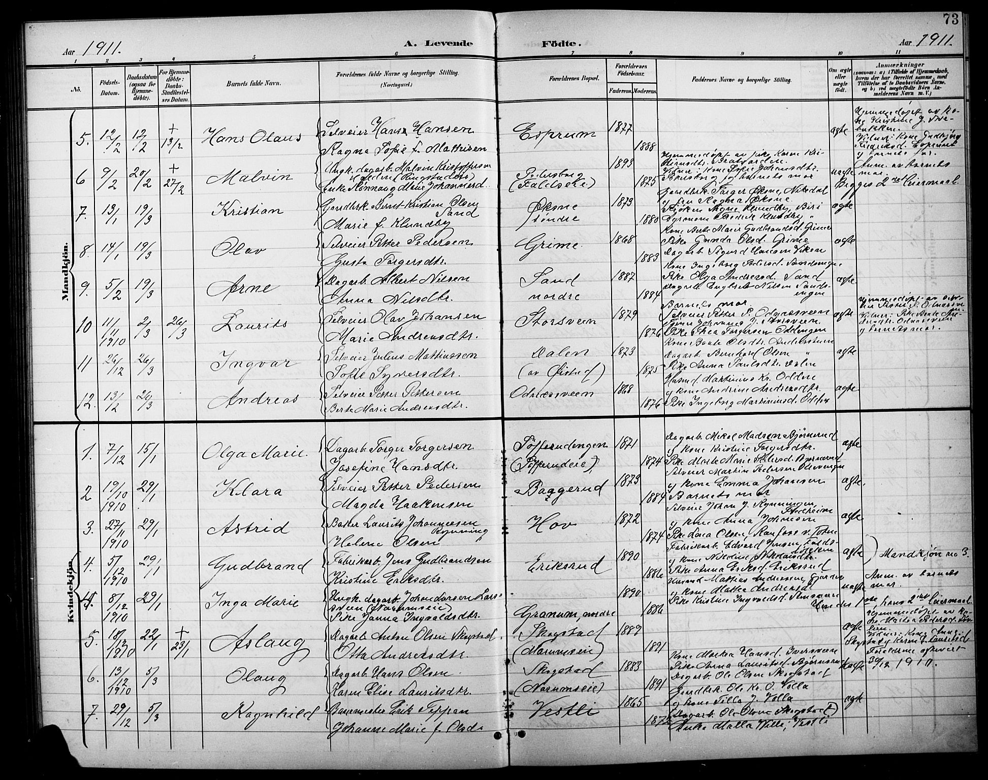 Søndre Land prestekontor, SAH/PREST-122/L/L0004: Parish register (copy) no. 4, 1901-1915, p. 73