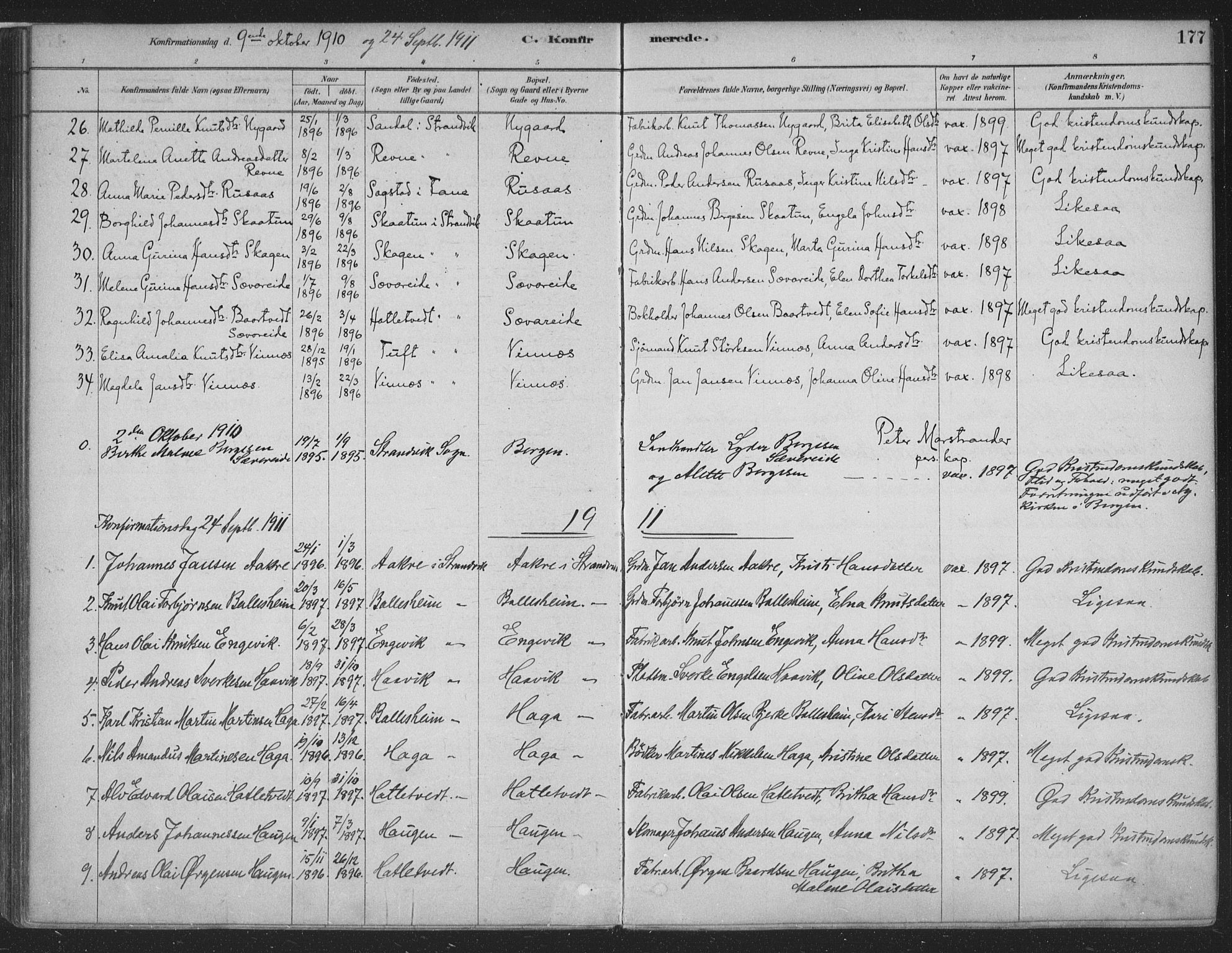 Fusa sokneprestembete, SAB/A-75401/H/Haa: Parish register (official) no. D 1, 1880-1938, p. 177