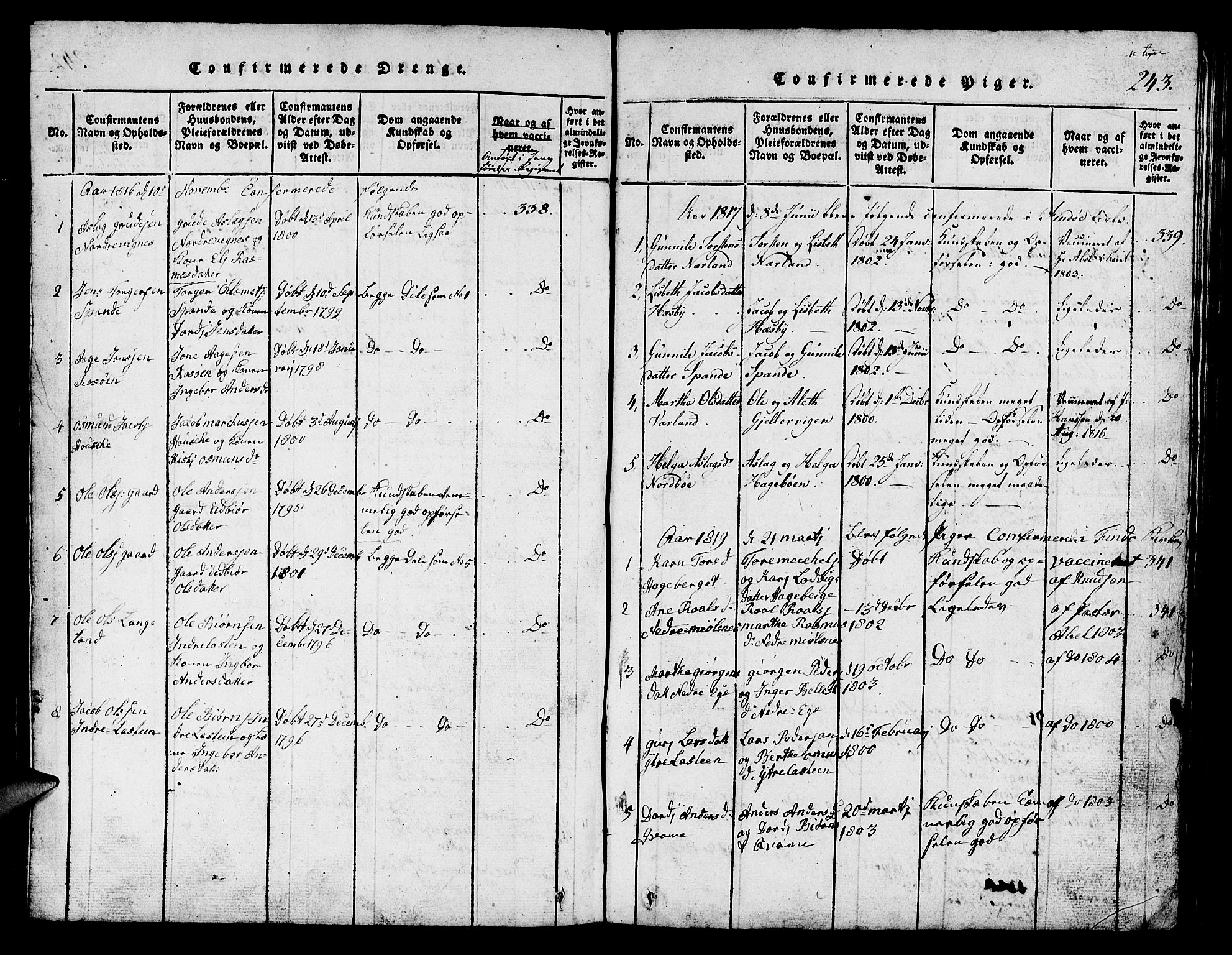 Finnøy sokneprestkontor, SAST/A-101825/H/Ha/Hab/L0001: Parish register (copy) no. B 1, 1816-1856, p. 243