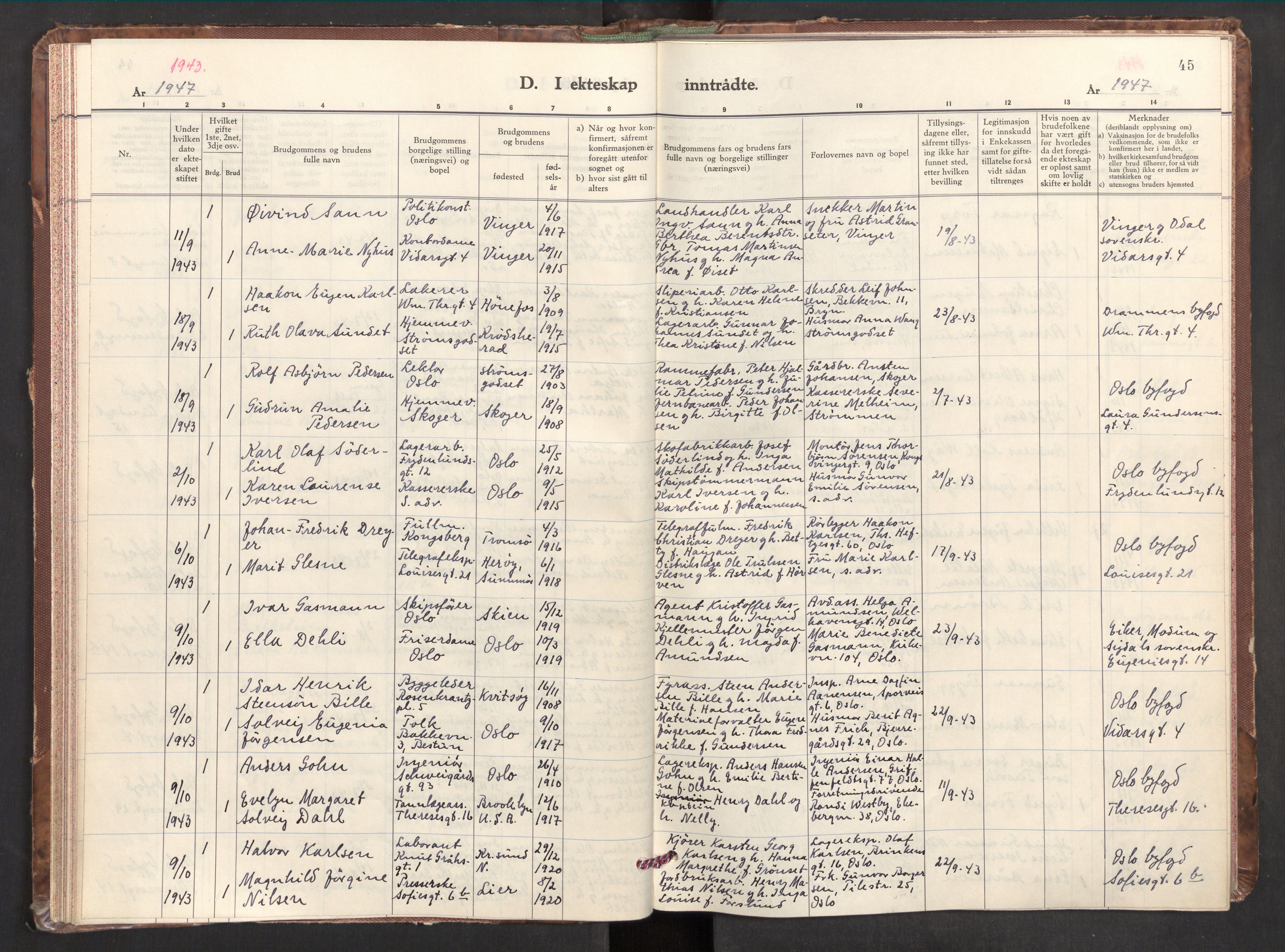 Markus prestekontor Kirkebøker, AV/SAO-A-10830/F/L0005: Parish register (official) no. 5, 1942-1960, p. 45