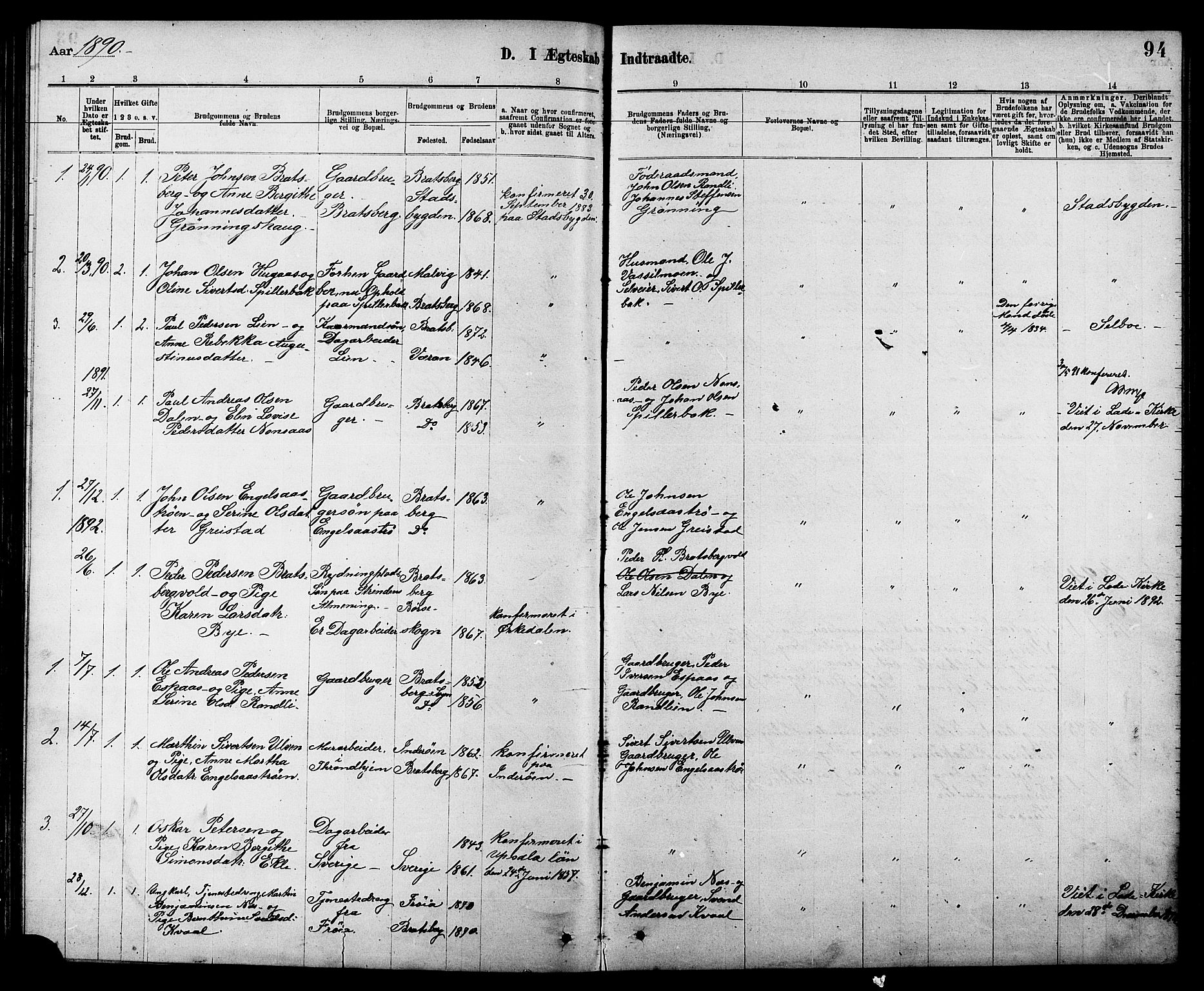 Ministerialprotokoller, klokkerbøker og fødselsregistre - Sør-Trøndelag, SAT/A-1456/608/L0341: Parish register (copy) no. 608C07, 1890-1912, p. 94