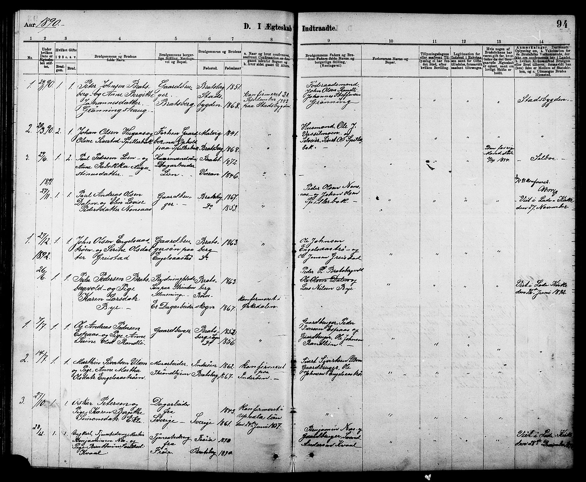 Ministerialprotokoller, klokkerbøker og fødselsregistre - Sør-Trøndelag, AV/SAT-A-1456/608/L0341: Parish register (copy) no. 608C07, 1890-1912, p. 94