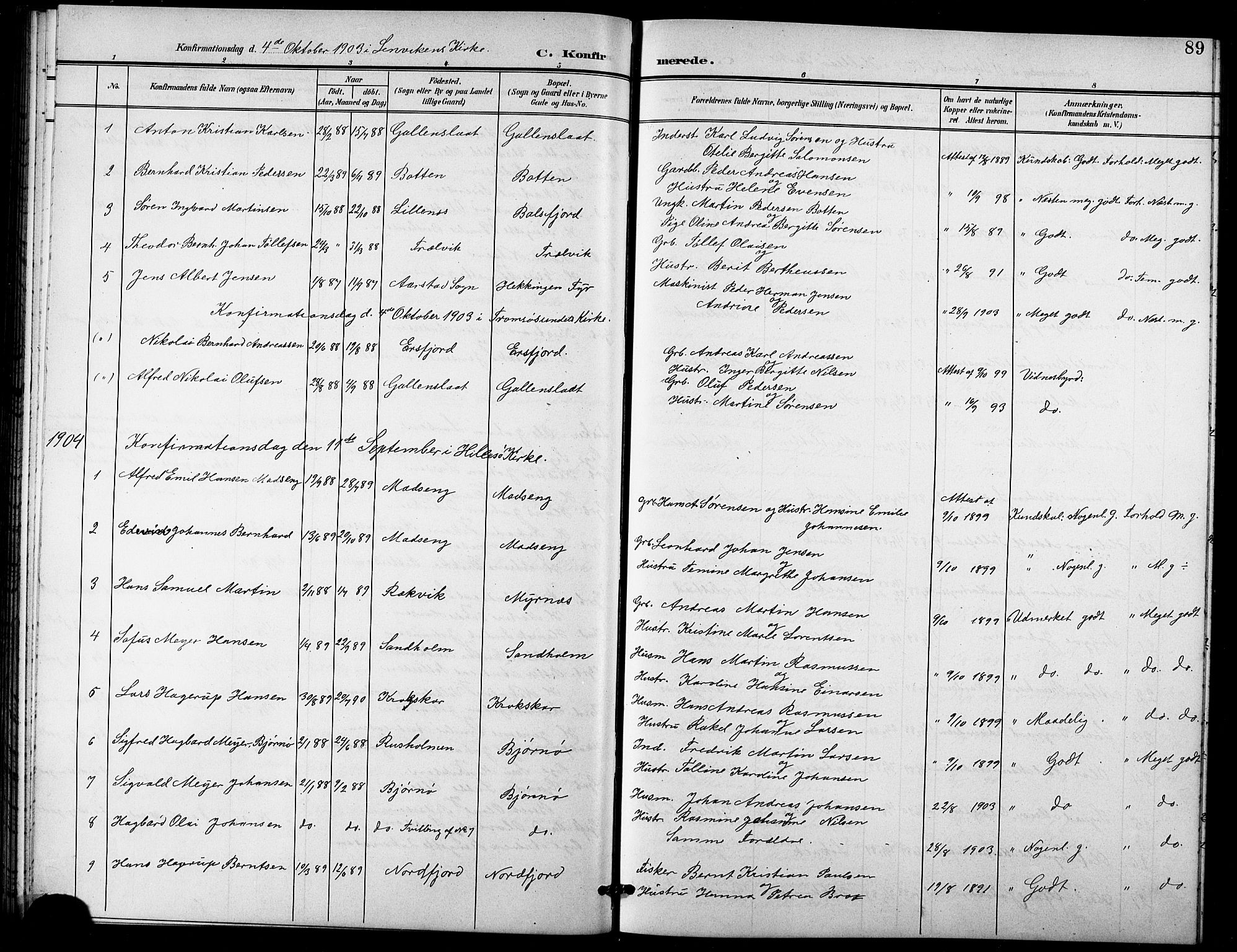 Lenvik sokneprestembete, SATØ/S-1310/H/Ha/Hab/L0022klokker: Parish register (copy) no. 22, 1901-1918, p. 89