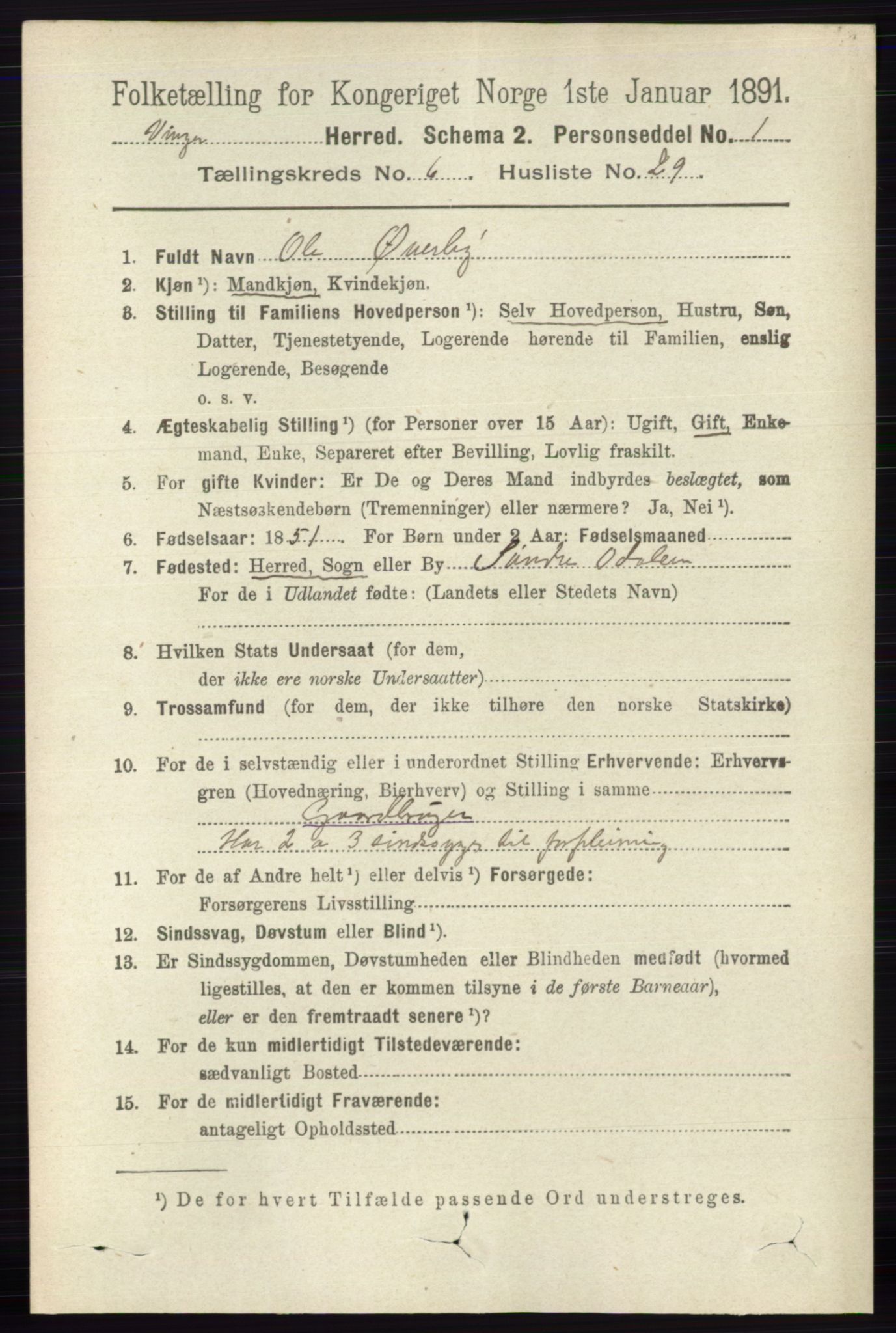 RA, 1891 census for 0421 Vinger, 1891, p. 2778