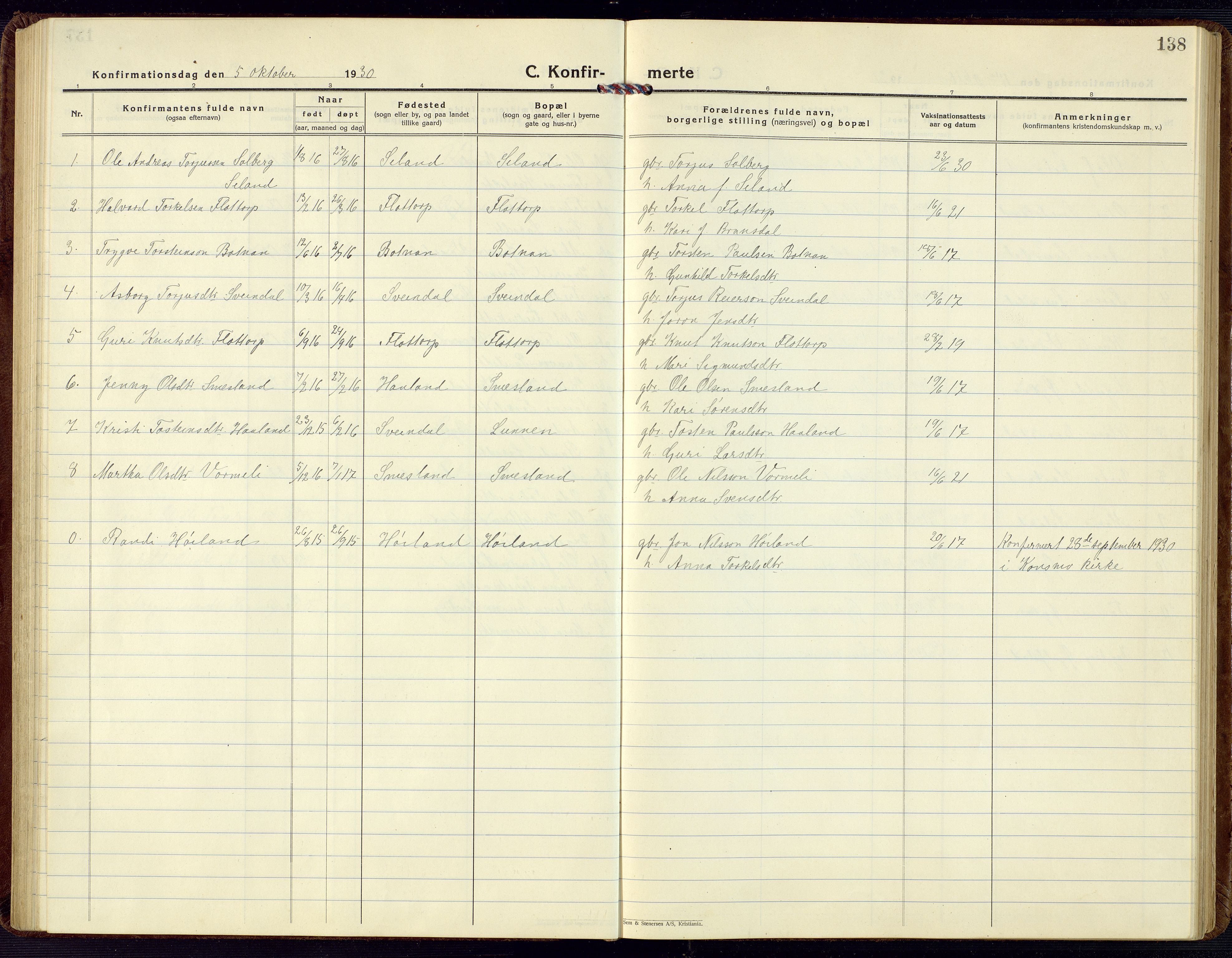 Bjelland sokneprestkontor, SAK/1111-0005/F/Fb/Fbc/L0004: Parish register (copy) no. B 4, 1921-1978, p. 138