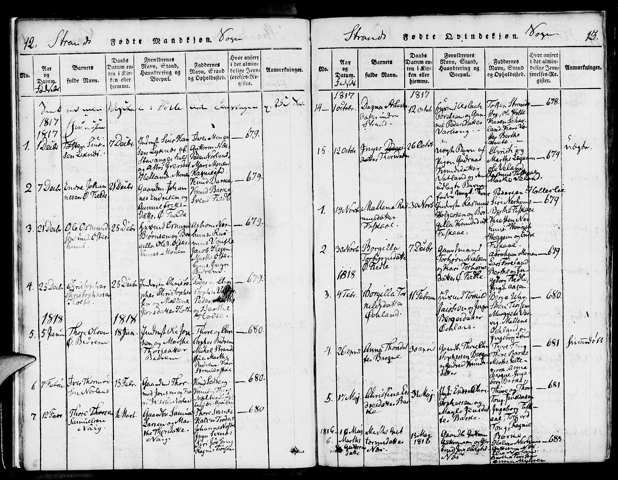 Strand sokneprestkontor, SAST/A-101828/H/Ha/Haa/L0004: Parish register (official) no. A 4 /1, 1816-1833, p. 12-13
