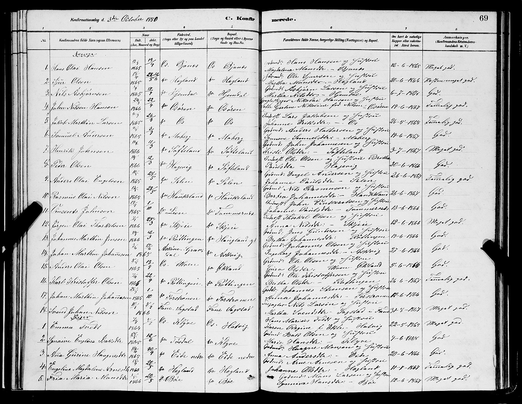 Os sokneprestembete, SAB/A-99929: Parish register (copy) no. A 2, 1880-1896, p. 69