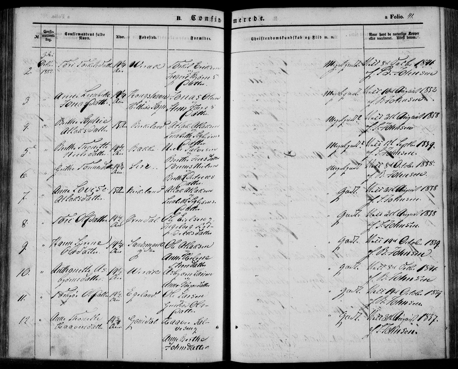 Bakke sokneprestkontor, AV/SAK-1111-0002/F/Fa/Faa/L0005: Parish register (official) no. A 5, 1847-1855, p. 41