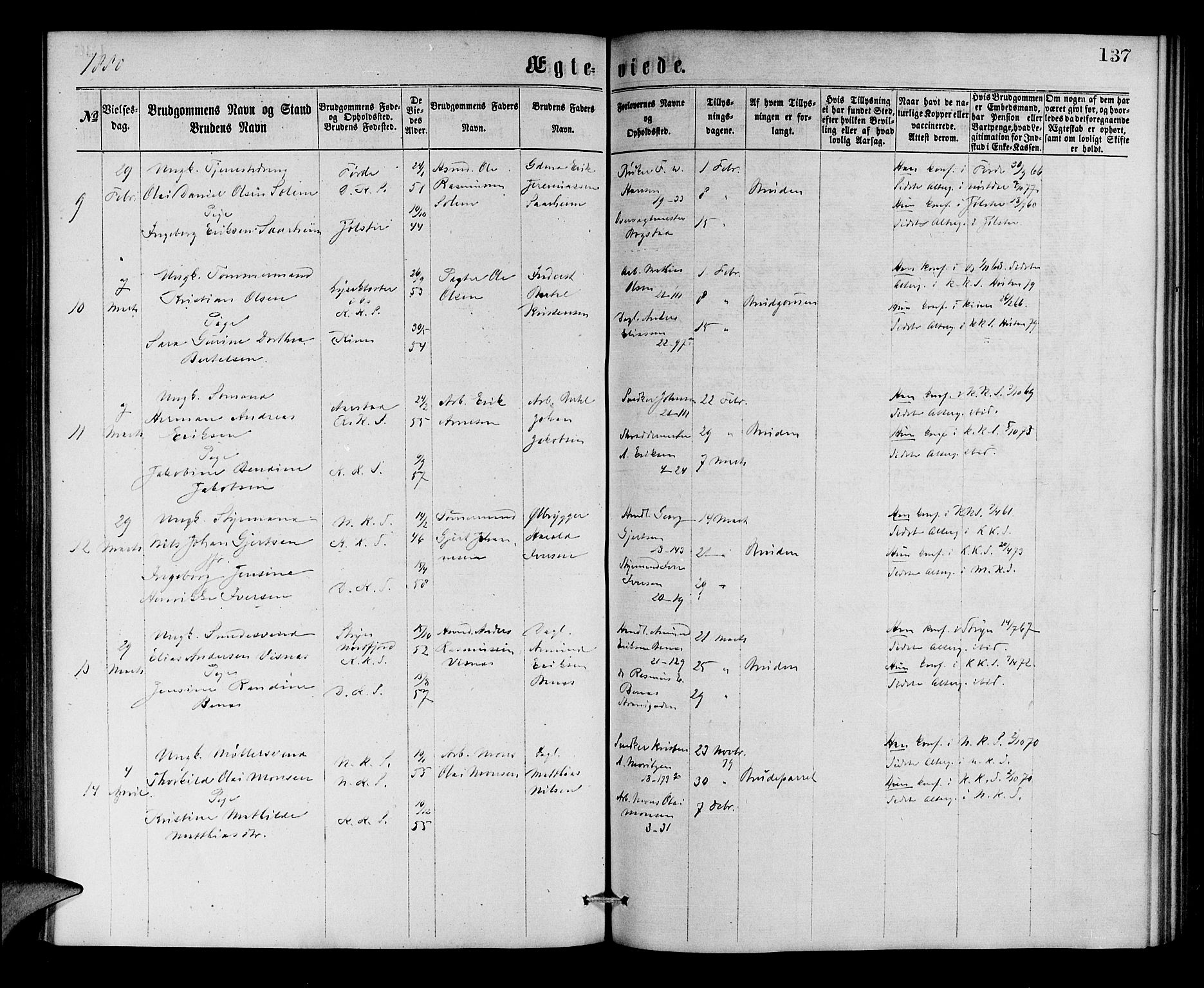 Korskirken sokneprestembete, AV/SAB-A-76101/H/Hab: Parish register (copy) no. D 2, 1867-1886, p. 137