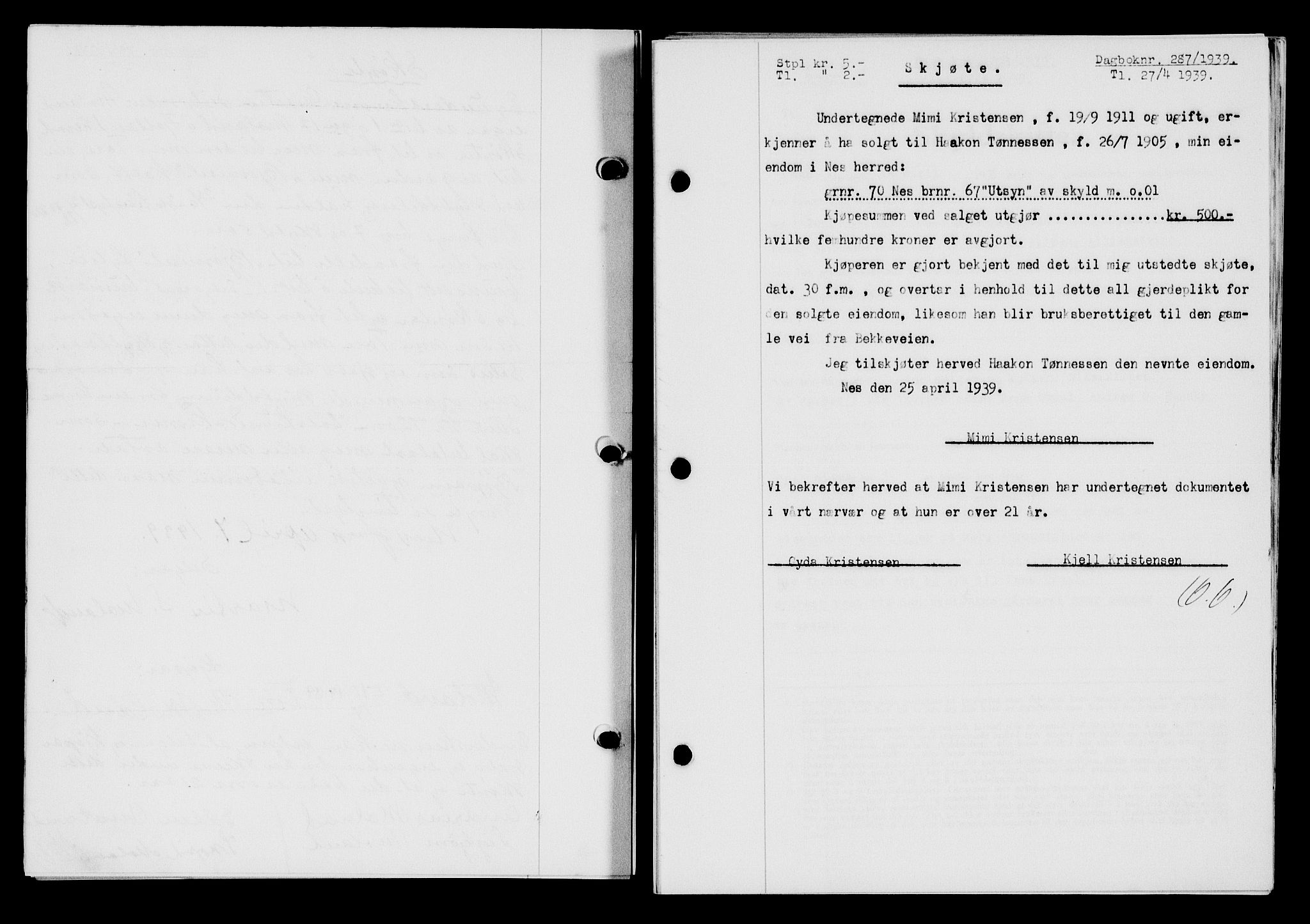 Flekkefjord sorenskriveri, AV/SAK-1221-0001/G/Gb/Gba/L0055: Mortgage book no. A-3, 1939-1939, Diary no: : 287/1939