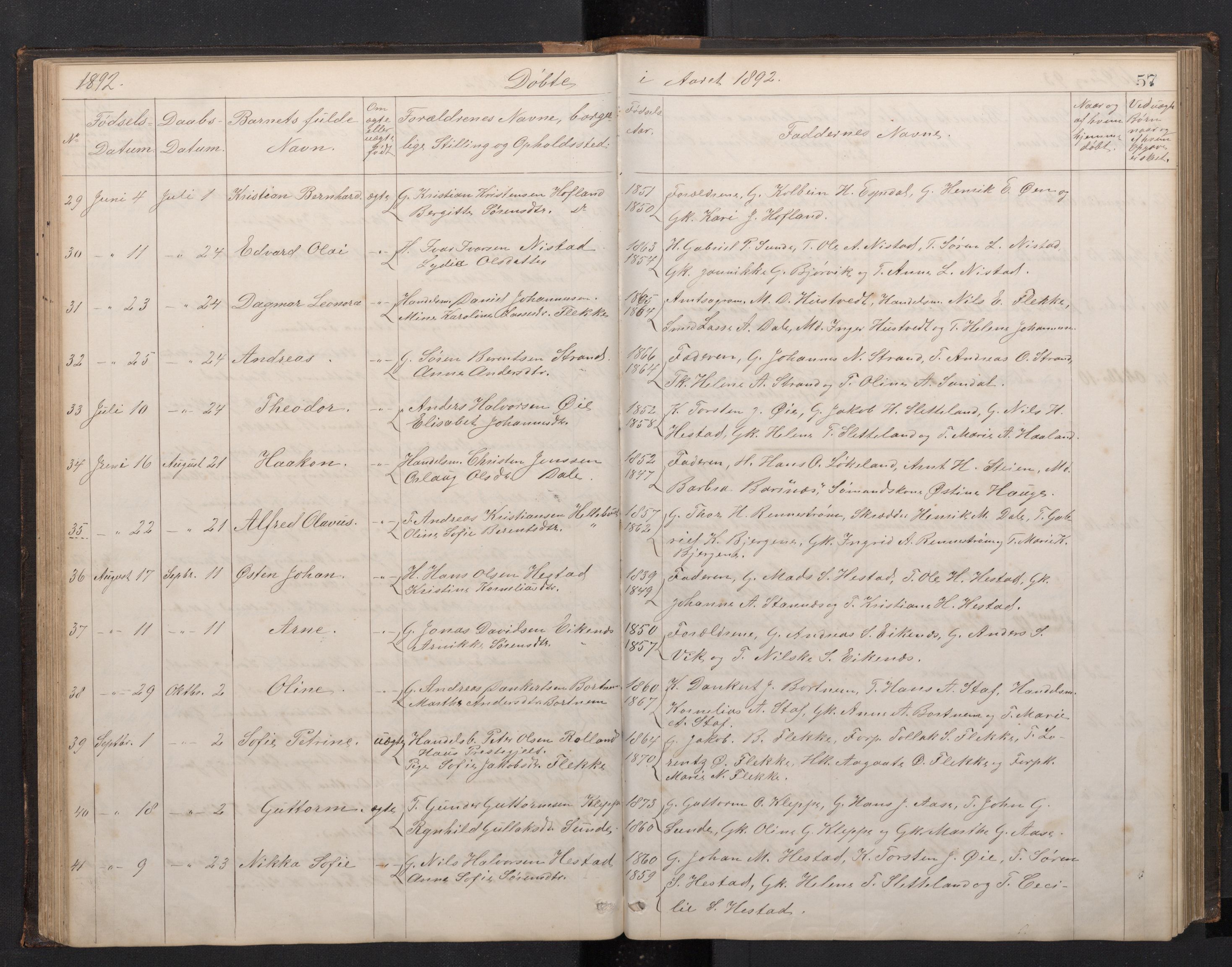 Fjaler sokneprestembete, SAB/A-79801/H/Hab/Habc/L0002: Parish register (copy) no. C 2, 1879-1893, p. 56b-57a