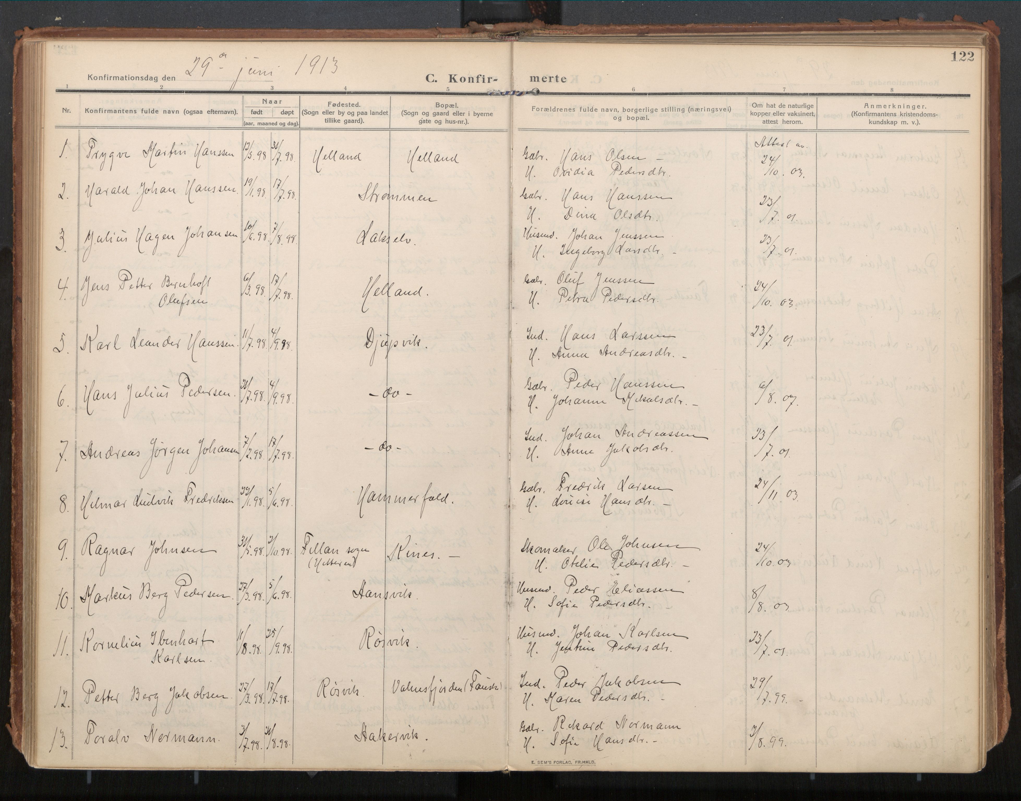 Ministerialprotokoller, klokkerbøker og fødselsregistre - Nordland, AV/SAT-A-1459/854/L0784: Parish register (official) no. 854A07, 1910-1922, p. 122