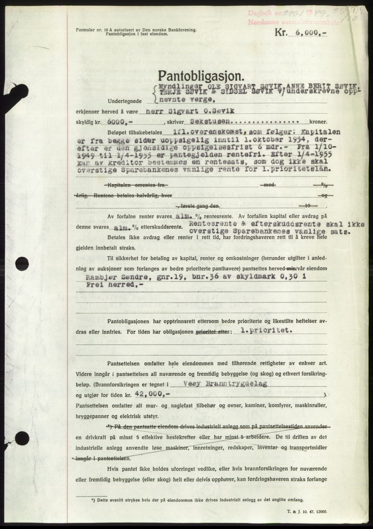 Nordmøre sorenskriveri, AV/SAT-A-4132/1/2/2Ca: Mortgage book no. B102, 1949-1949, Diary no: : 2961/1949