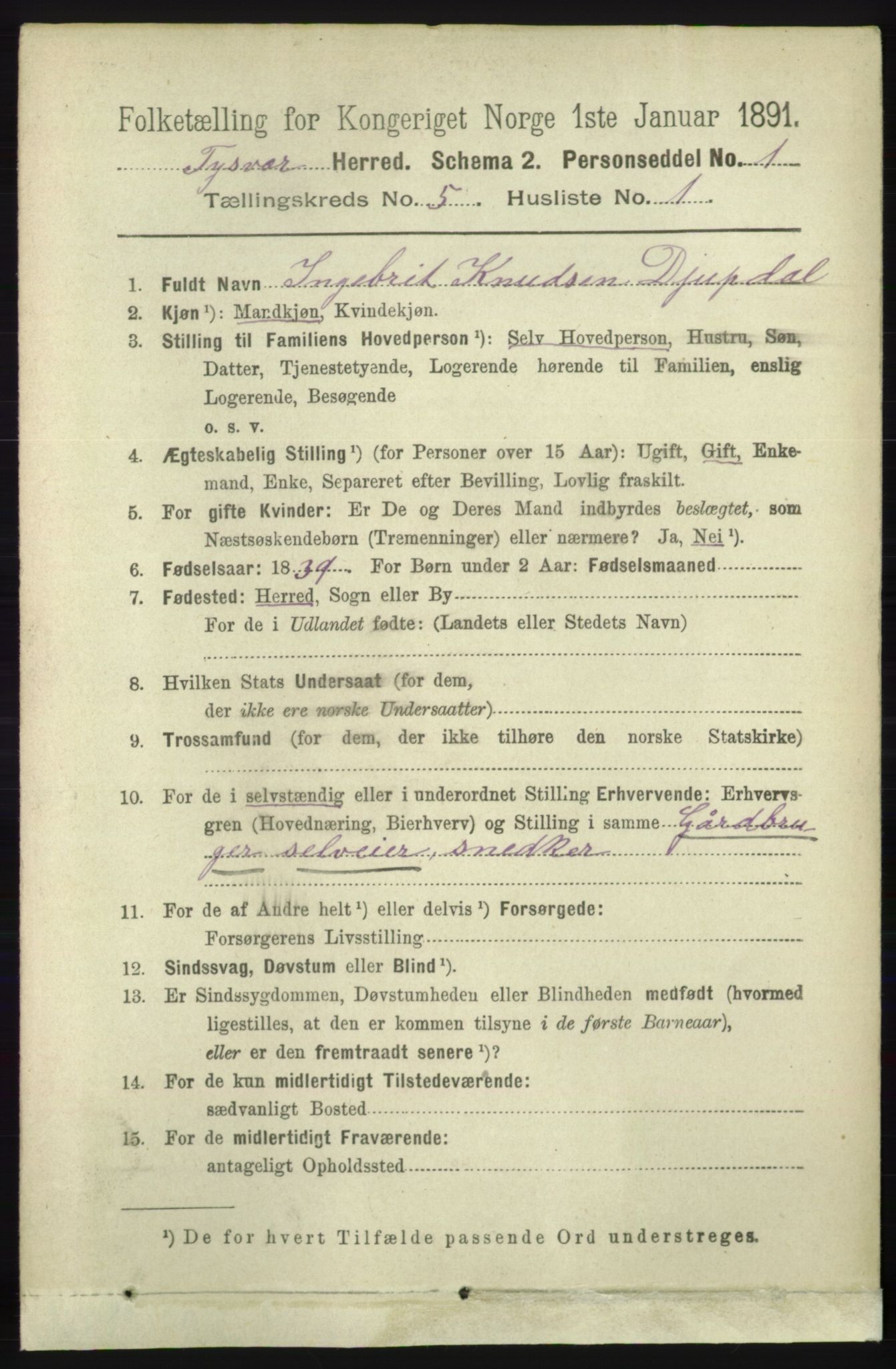 RA, 1891 census for 1146 Tysvær, 1891, p. 1894