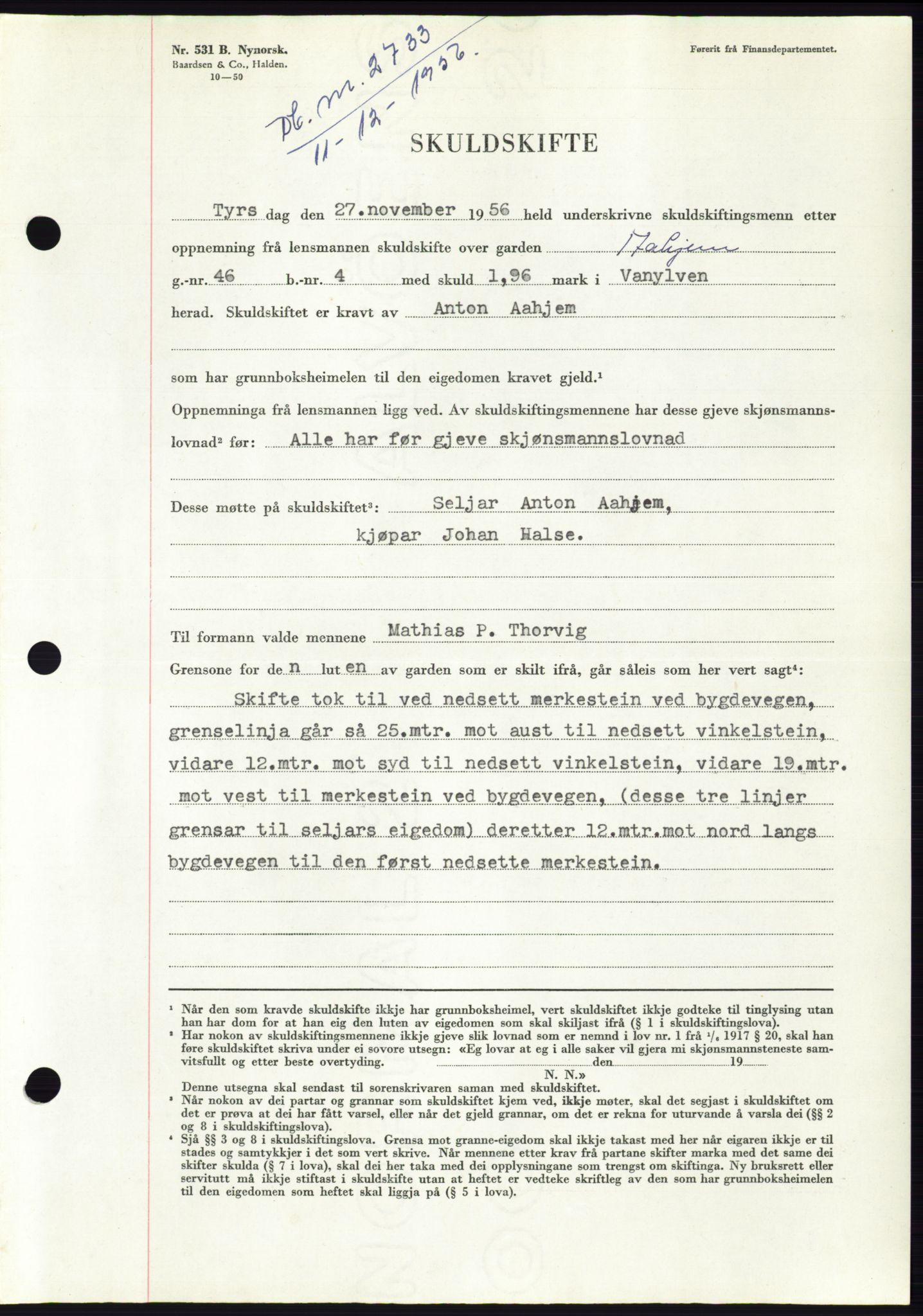 Søre Sunnmøre sorenskriveri, AV/SAT-A-4122/1/2/2C/L0105: Mortgage book no. 31A, 1956-1957, Diary no: : 2733/1956