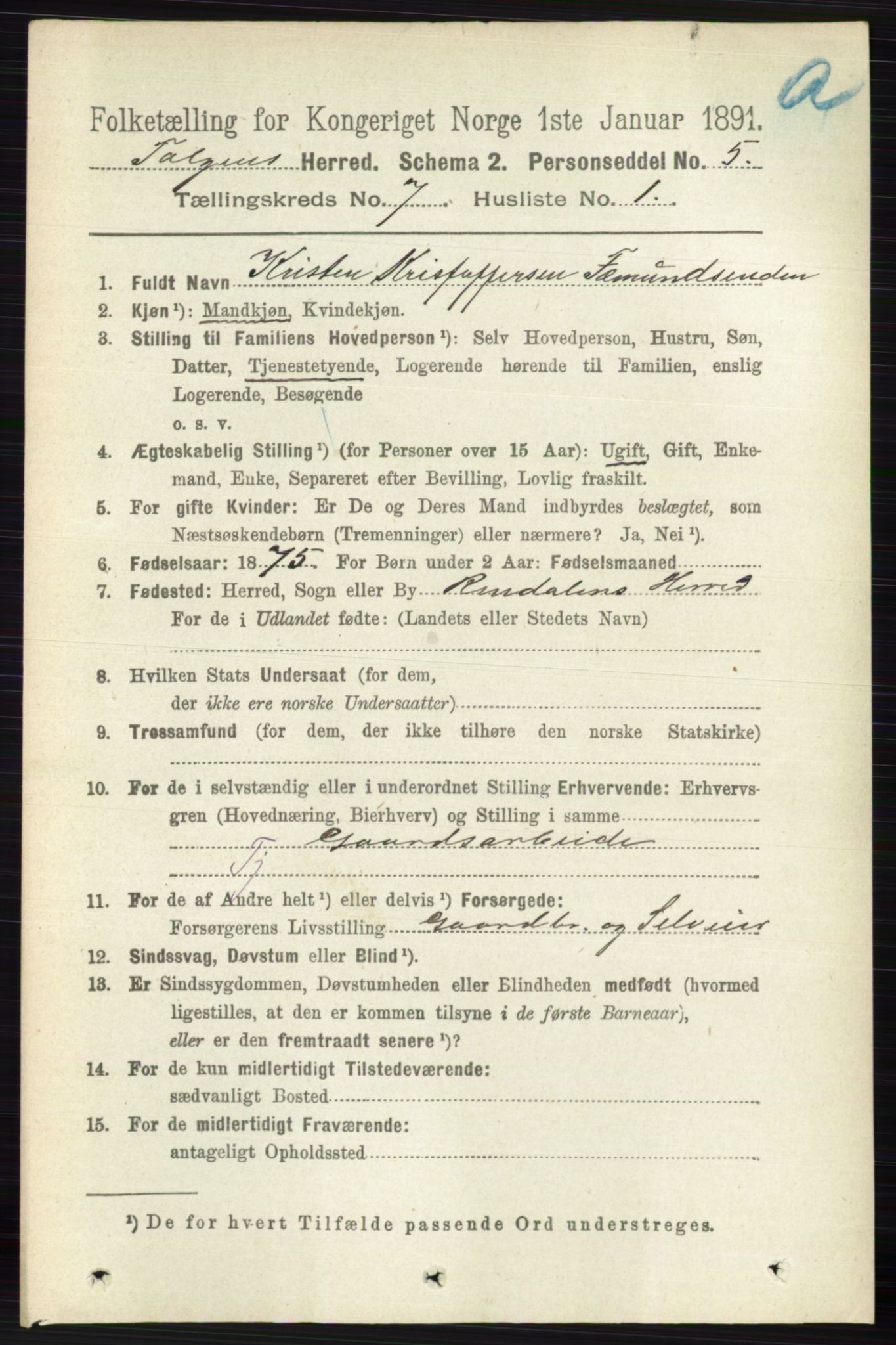 RA, 1891 census for 0436 Tolga, 1891, p. 2027