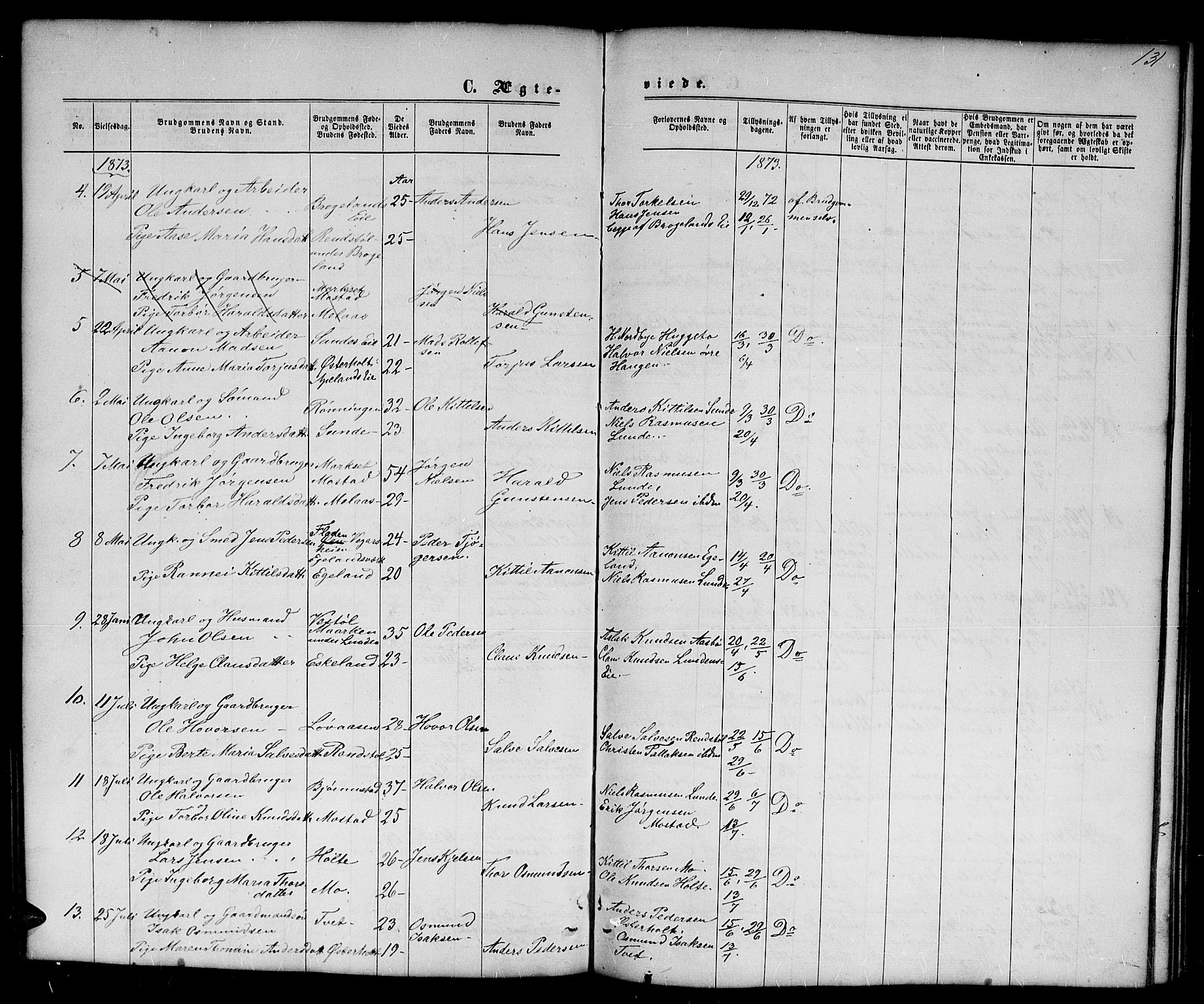 Gjerstad sokneprestkontor, SAK/1111-0014/F/Fb/Fba/L0006: Parish register (copy) no. B 6, 1868-1890, p. 131
