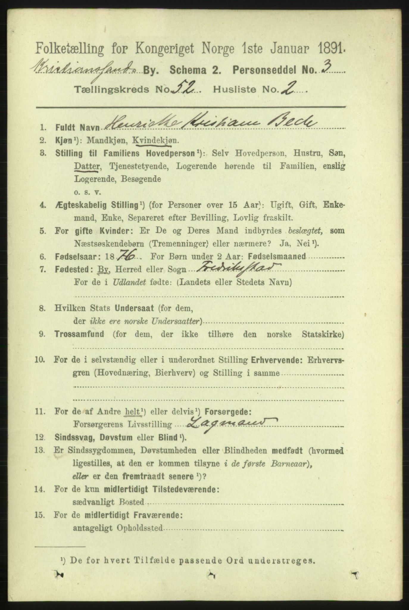 RA, 1891 census for 1001 Kristiansand, 1891, p. 15148