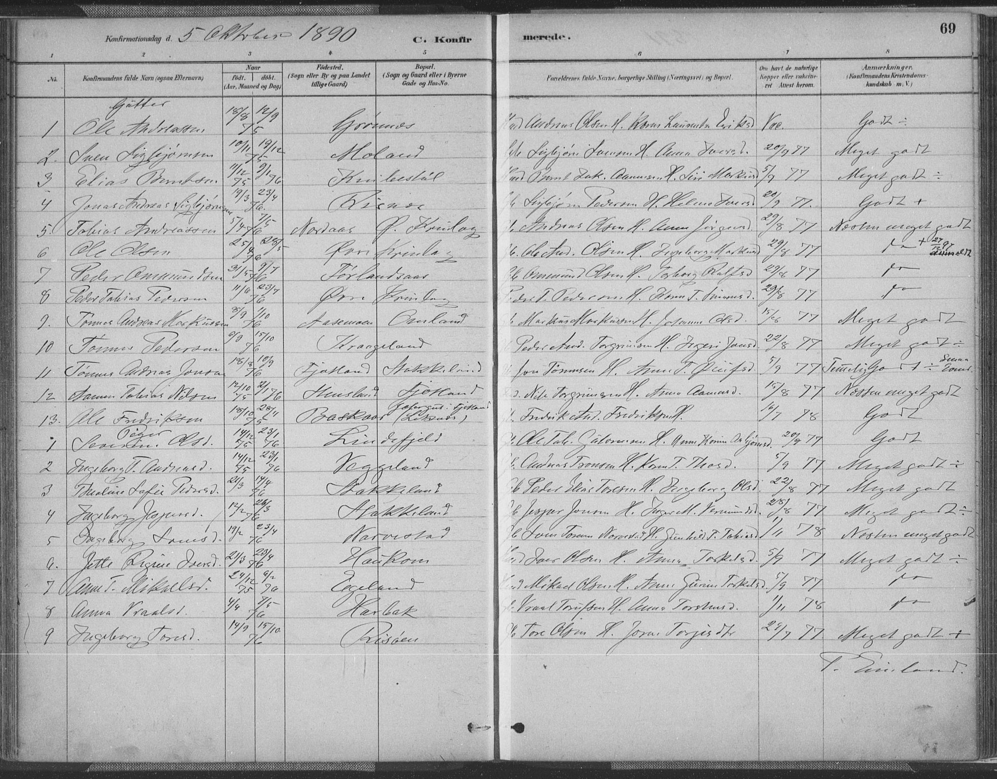 Fjotland sokneprestkontor, SAK/1111-0010/F/Fa/L0002: Parish register (official) no. A 2, 1880-1898, p. 69