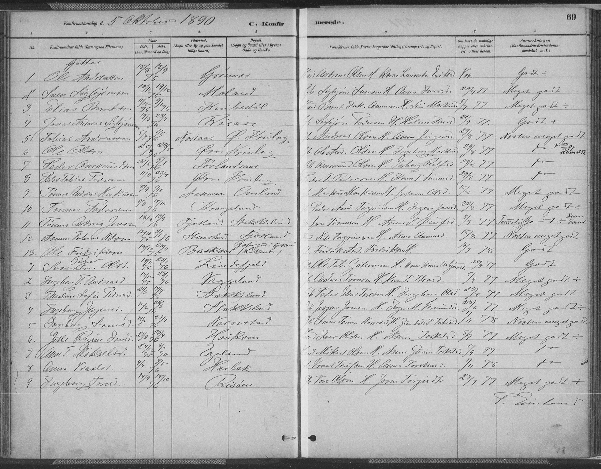 Fjotland sokneprestkontor, AV/SAK-1111-0010/F/Fa/L0002: Parish register (official) no. A 2, 1880-1898, p. 69