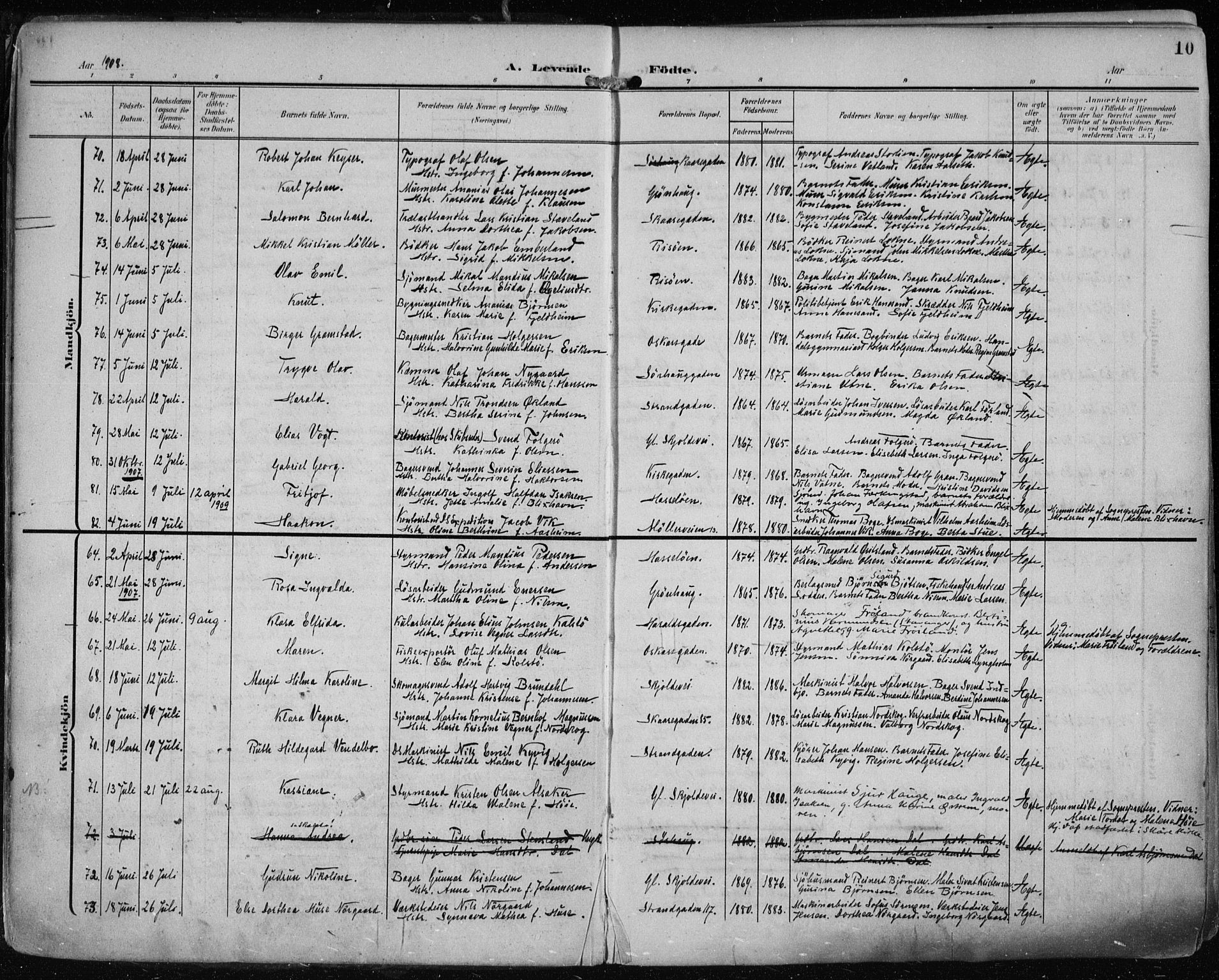 Haugesund sokneprestkontor, AV/SAST-A -101863/H/Ha/Haa/L0008: Parish register (official) no. A 8, 1908-1921, p. 10