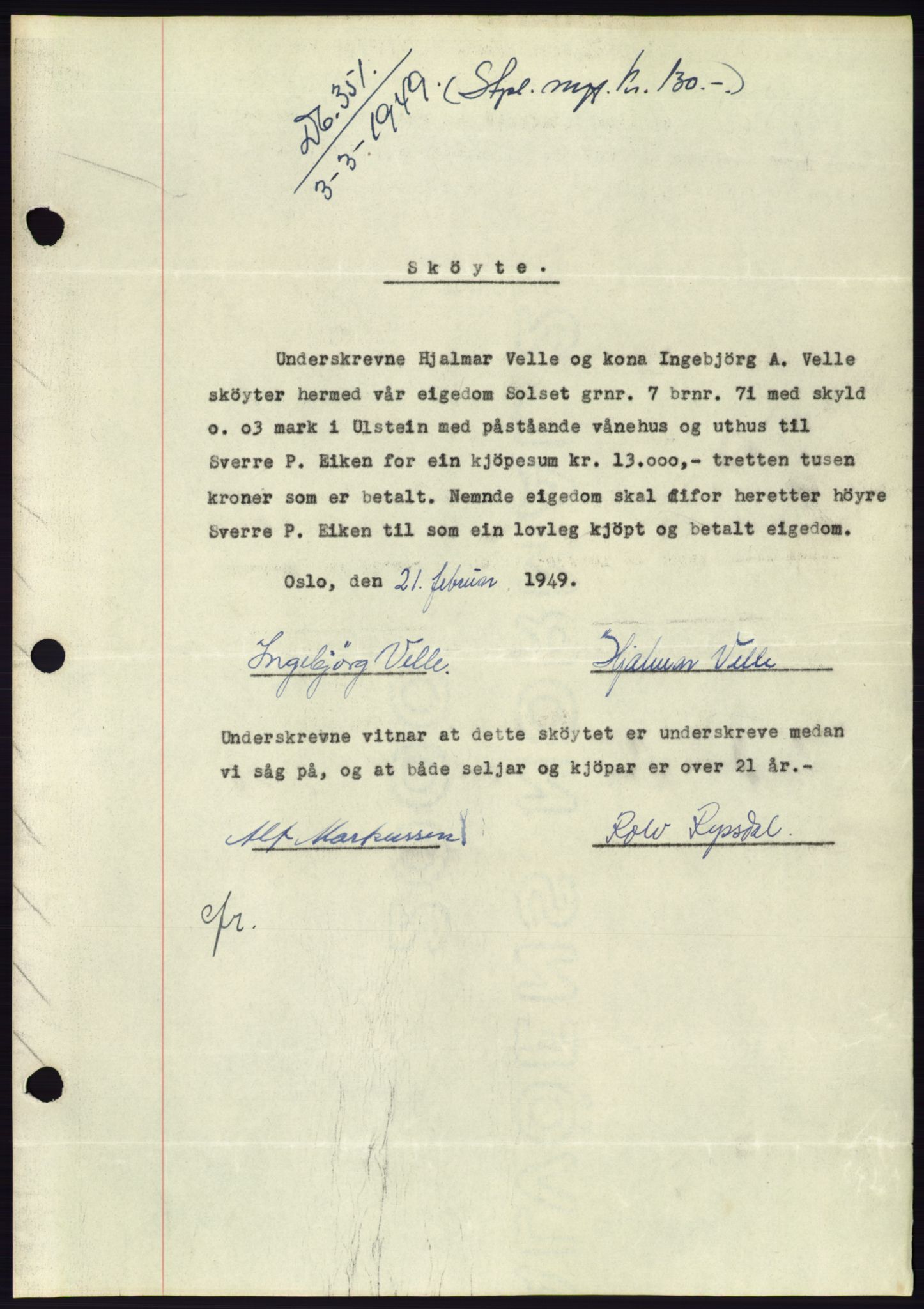 Søre Sunnmøre sorenskriveri, AV/SAT-A-4122/1/2/2C/L0084: Mortgage book no. 10A, 1949-1949, Diary no: : 351/1949