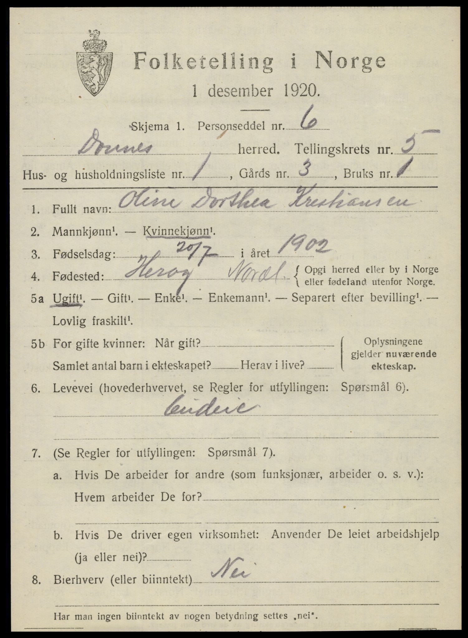 SAT, 1920 census for Dønnes, 1920, p. 2884