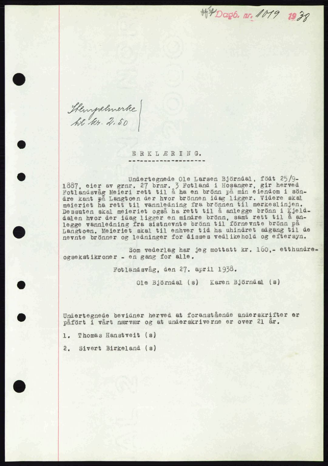 Nordhordland sorenskrivar, AV/SAB-A-2901/1/G/Gb/Gbf/L0006: Mortgage book no. A6, 1938-1938, Diary no: : 1019/1938