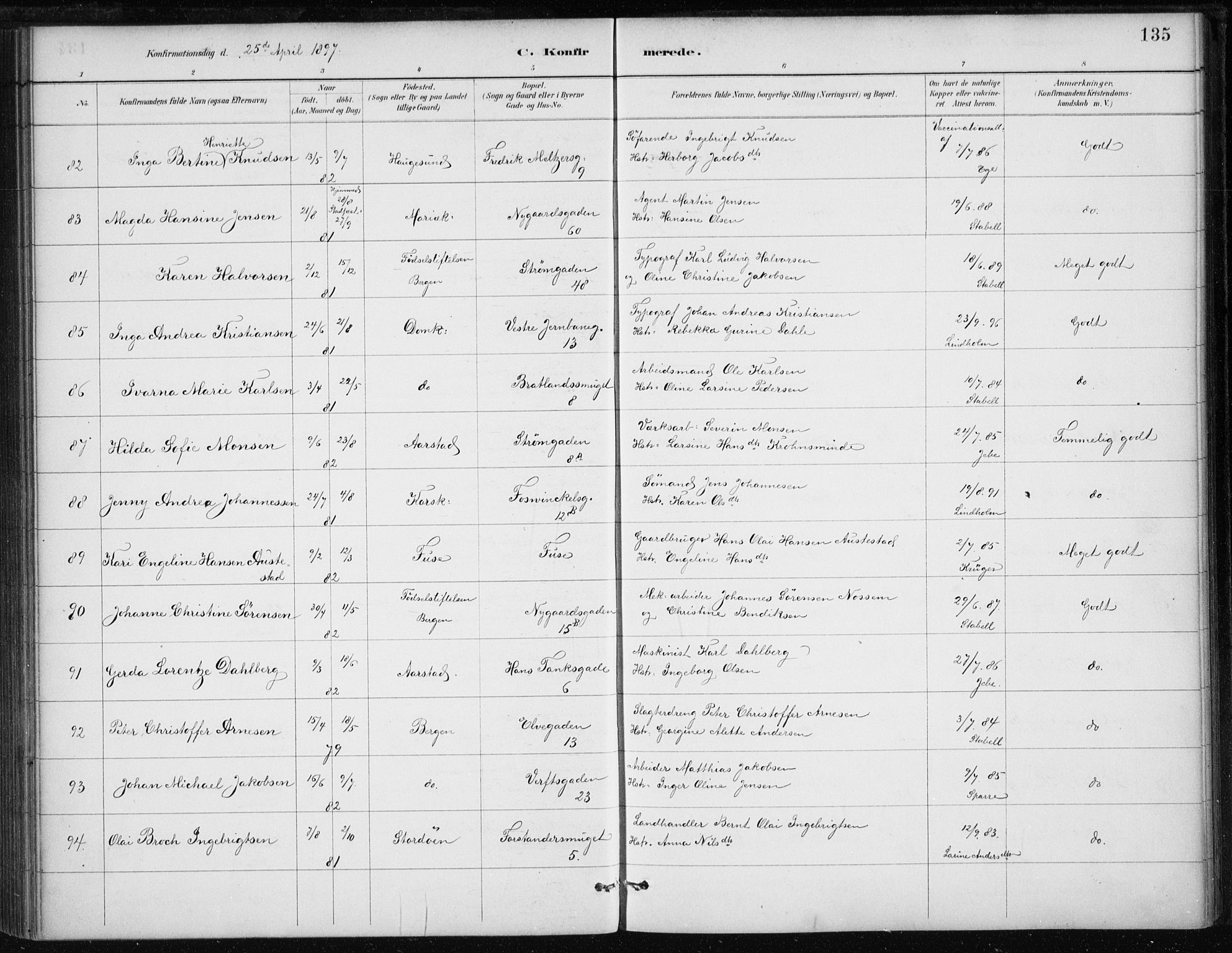 Johanneskirken sokneprestembete, AV/SAB-A-76001/H/Haa/L0008: Parish register (official) no. C 1, 1885-1907, p. 135