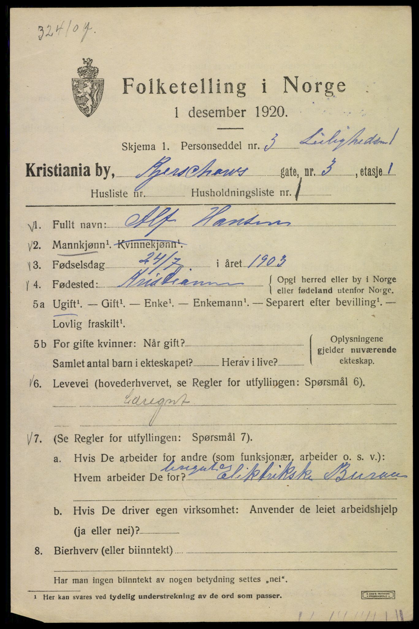 SAO, 1920 census for Kristiania, 1920, p. 340385