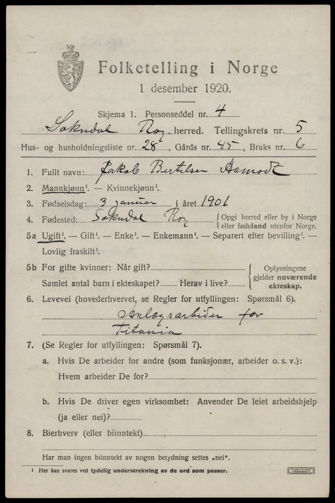 SAST, 1920 census for Sokndal, 1920, p. 3523