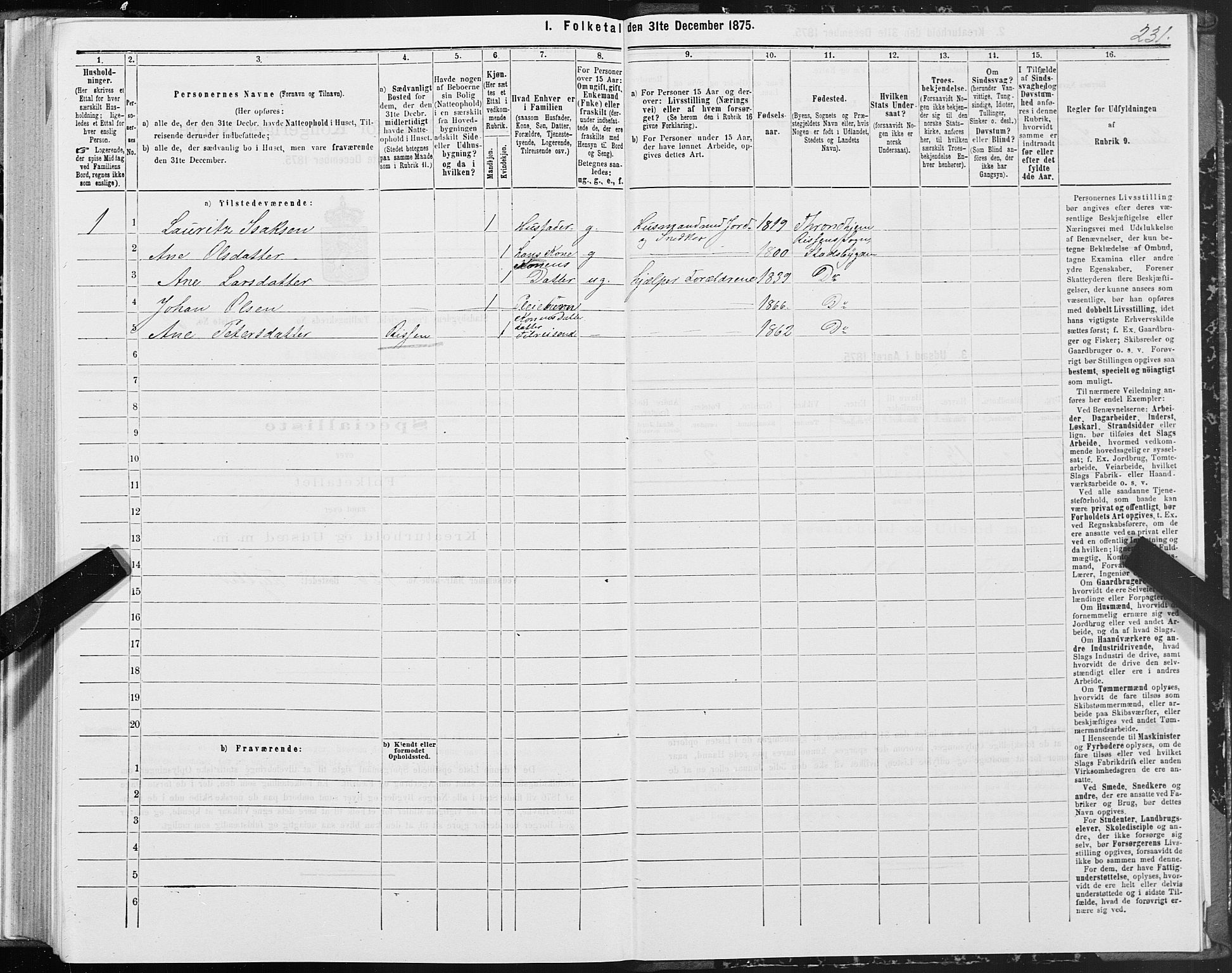 SAT, 1875 census for 1625P Stadsbygd, 1875, p. 5231