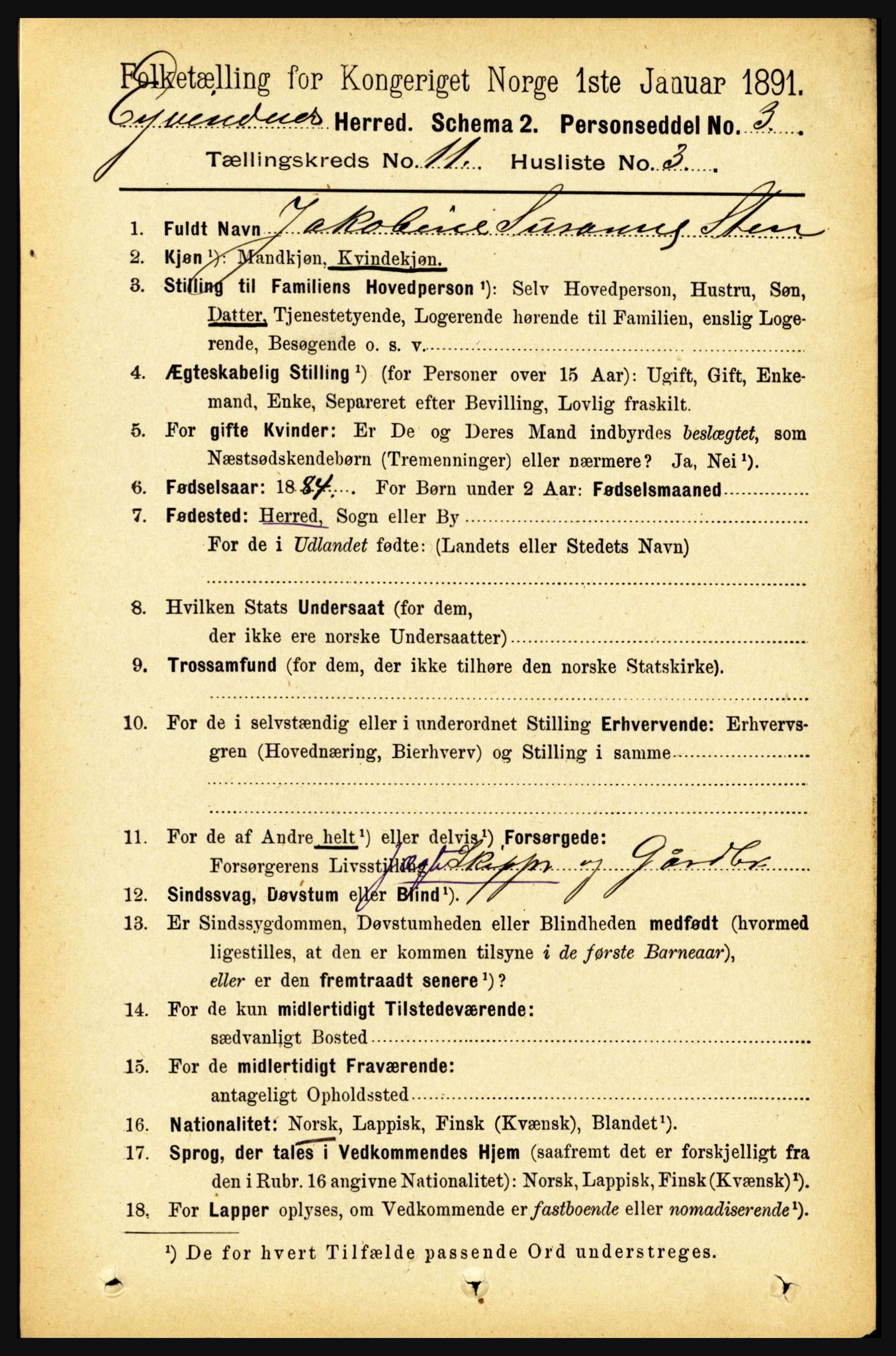 RA, 1891 census for 1853 Evenes, 1891, p. 3482