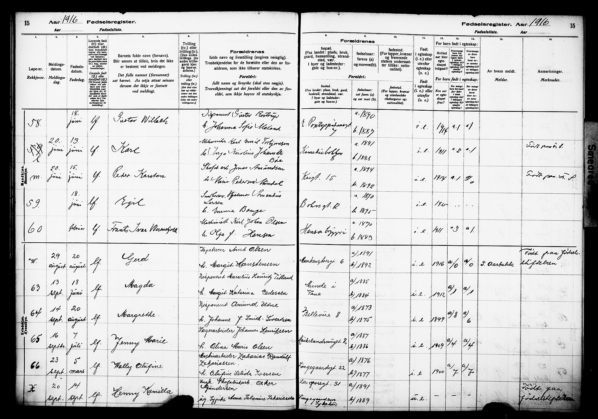 Domkirken sokneprestembete, AV/SAB-A-74801/I/Id/L00A1: Birth register no. A 1, 1916-1923, p. 15