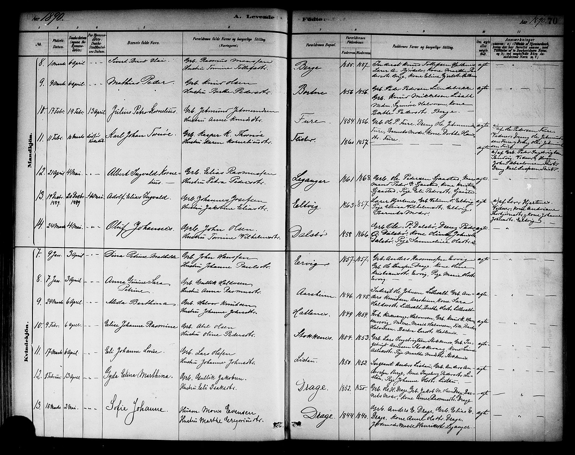 Selje sokneprestembete, SAB/A-99938/H/Ha/Haa/Haab: Parish register (official) no. B 1, 1881-1890, p. 70