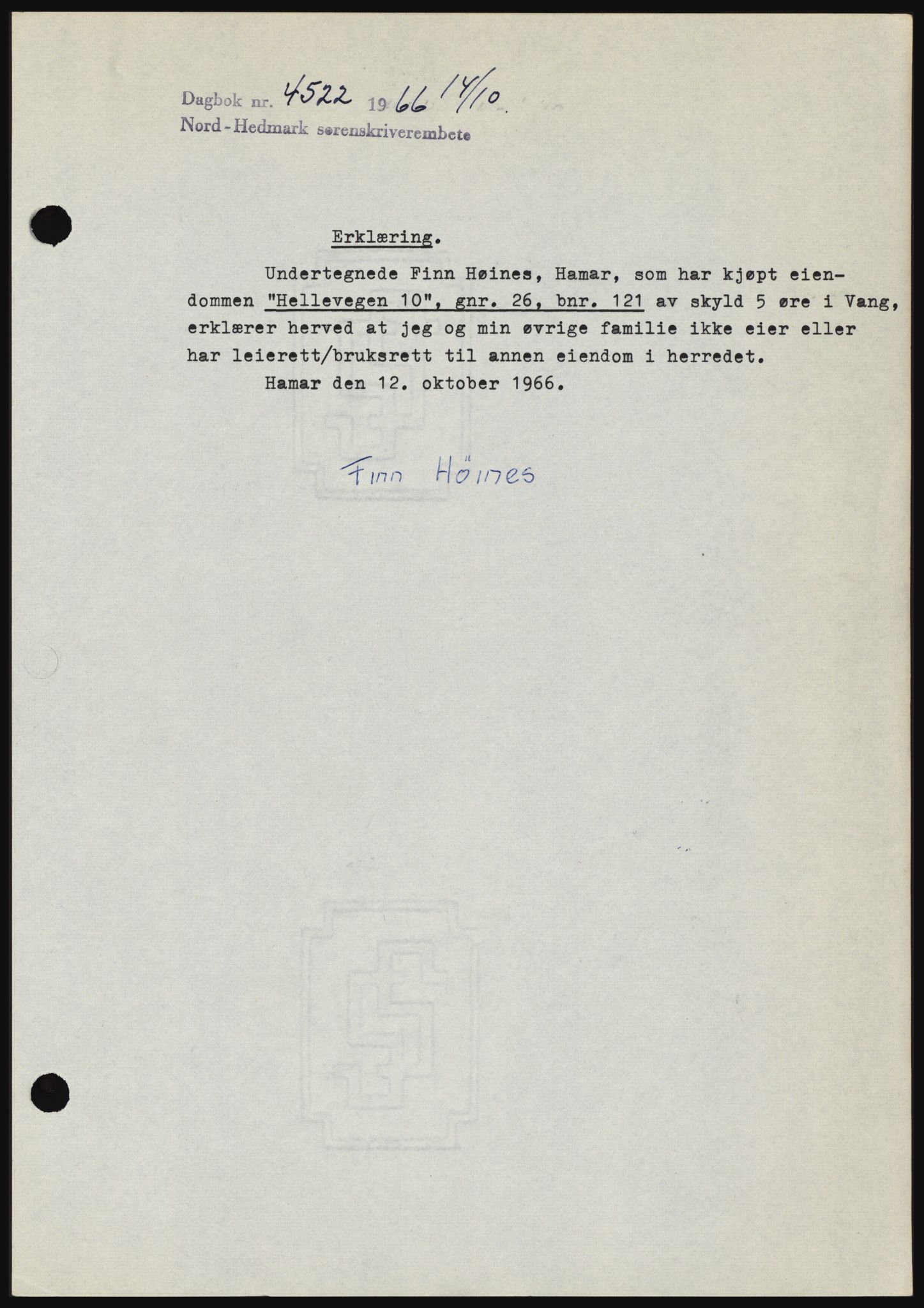 Nord-Hedmark sorenskriveri, SAH/TING-012/H/Hc/L0024: Mortgage book no. 24, 1966-1966, Diary no: : 4522/1966