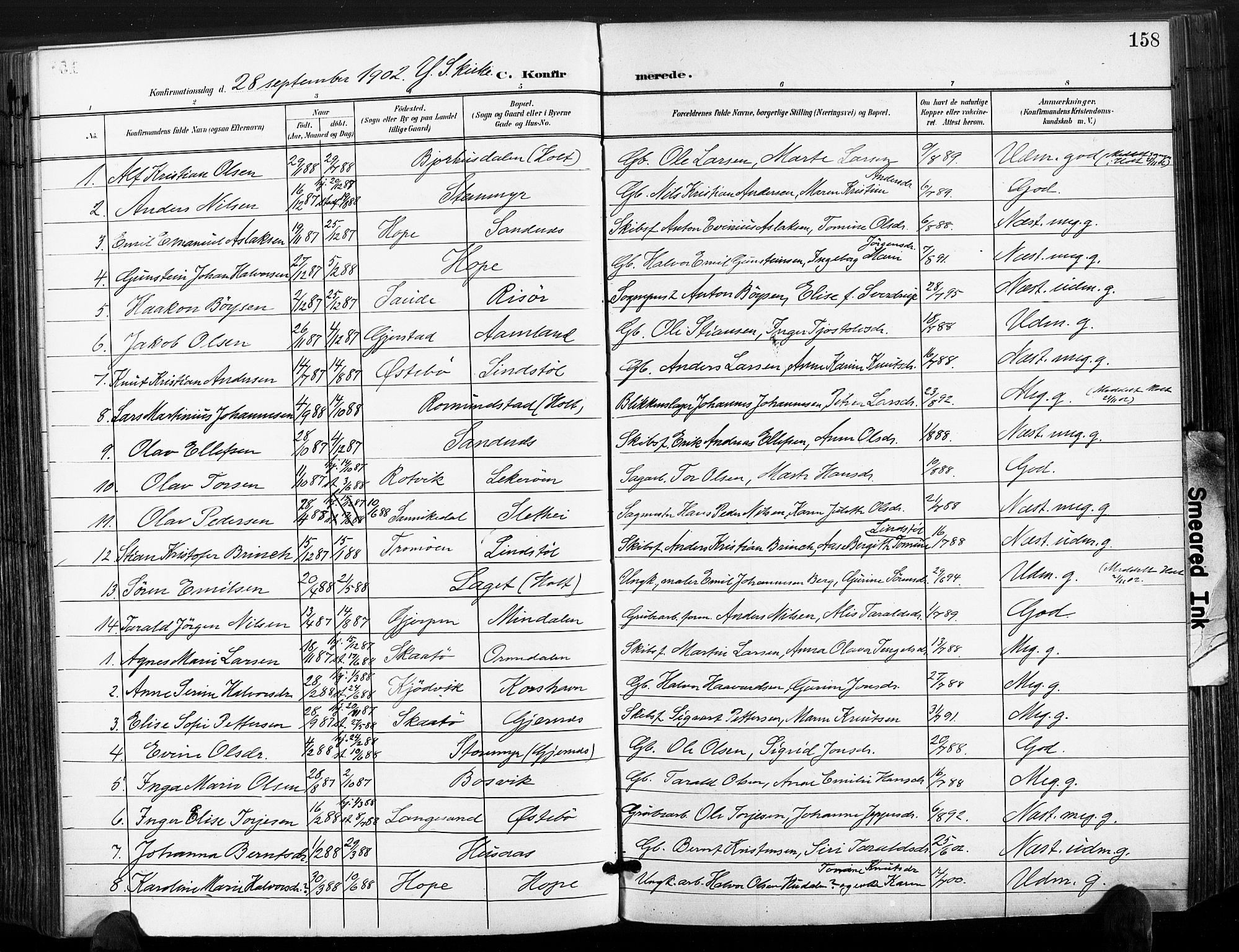 Søndeled sokneprestkontor, AV/SAK-1111-0038/F/Fa/L0006: Parish register (official) no. A 6, 1900-1922, p. 158