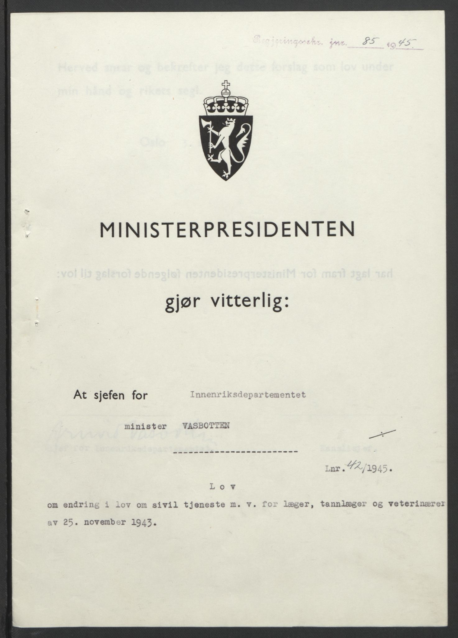 NS-administrasjonen 1940-1945 (Statsrådsekretariatet, de kommisariske statsråder mm), RA/S-4279/D/Db/L0101/0001: -- / Lover og vedtak, 1945, p. 170