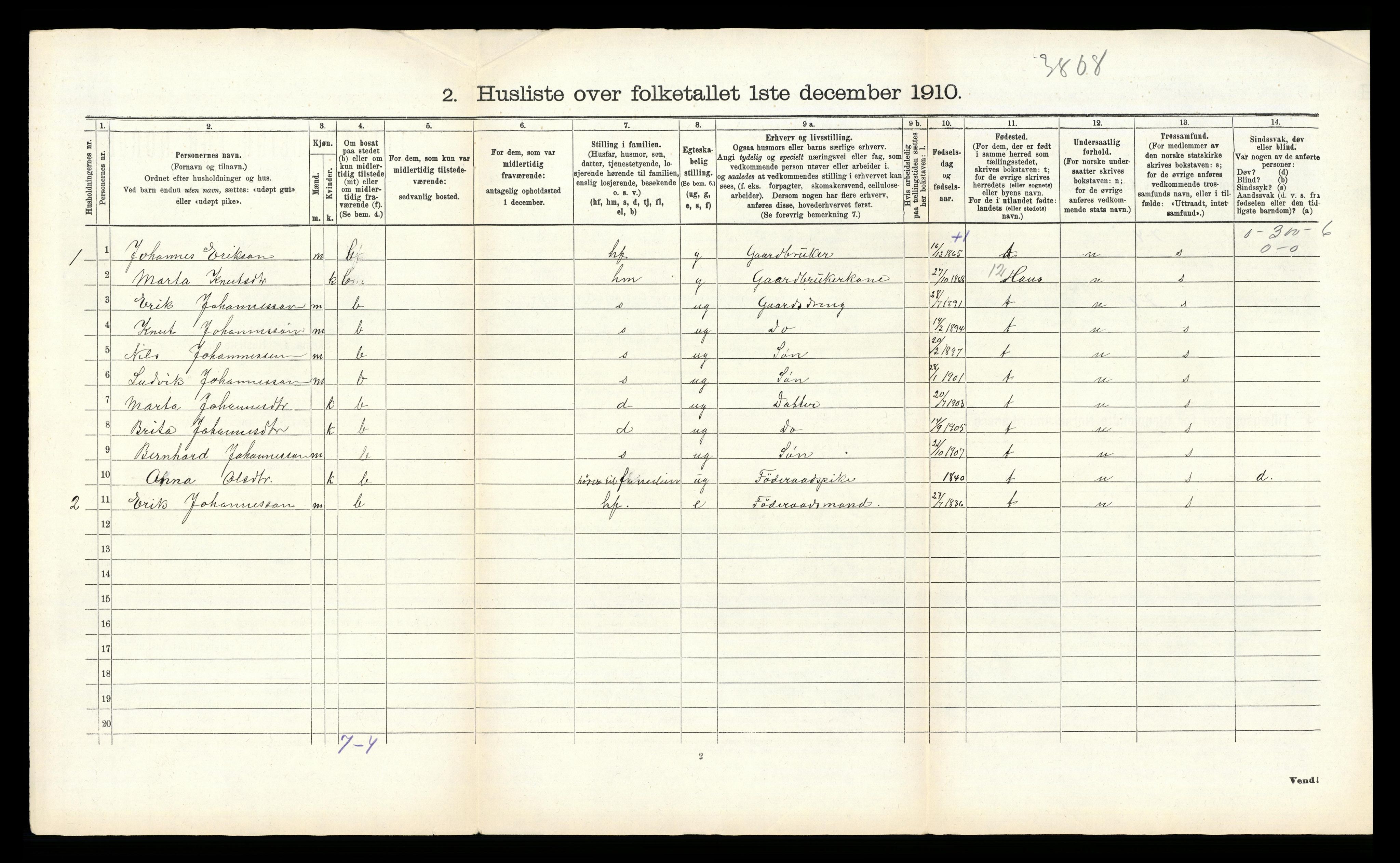 RA, 1910 census for Bruvik, 1910, p. 69