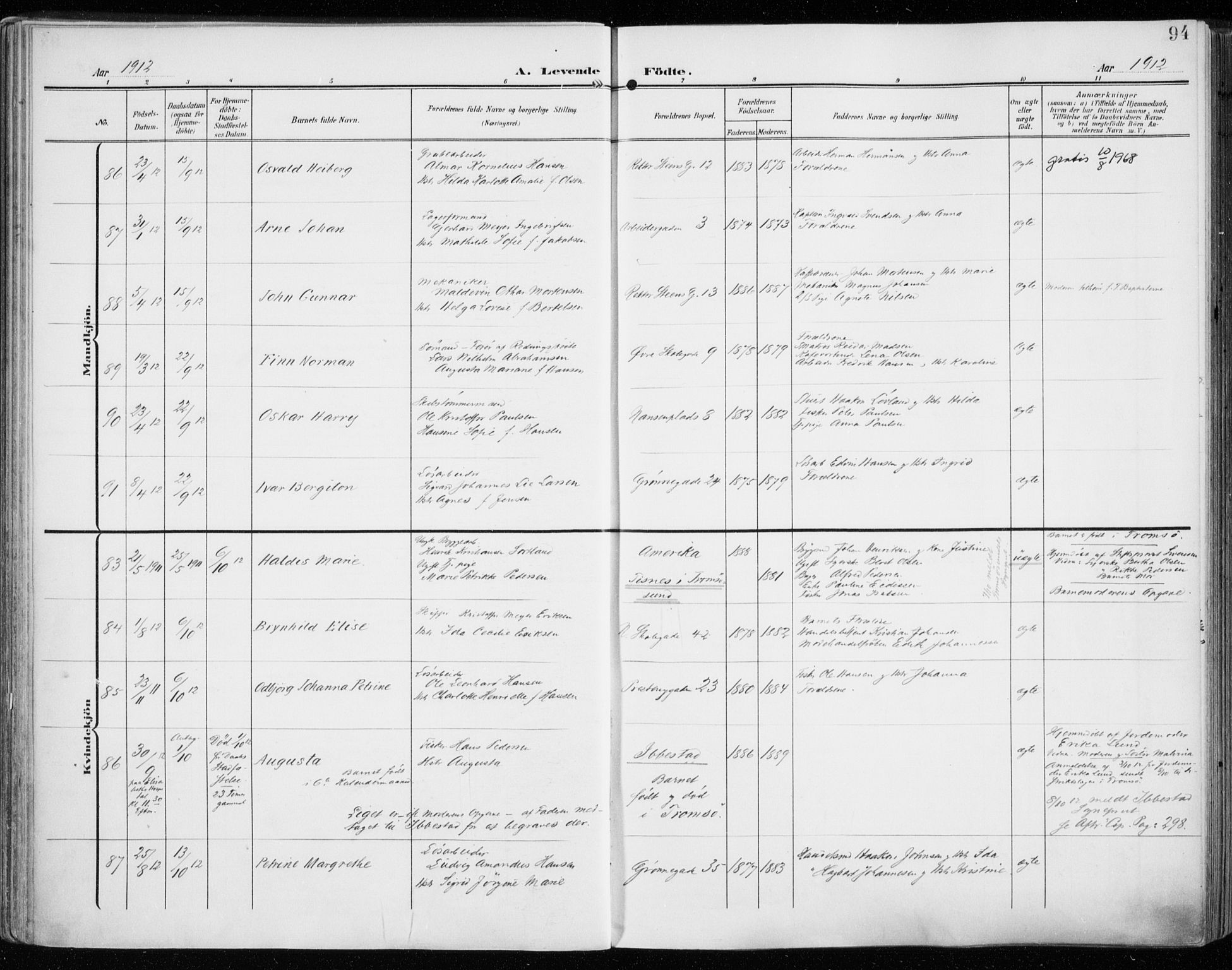 Tromsø sokneprestkontor/stiftsprosti/domprosti, SATØ/S-1343/G/Ga/L0017kirke: Parish register (official) no. 17, 1907-1917, p. 94